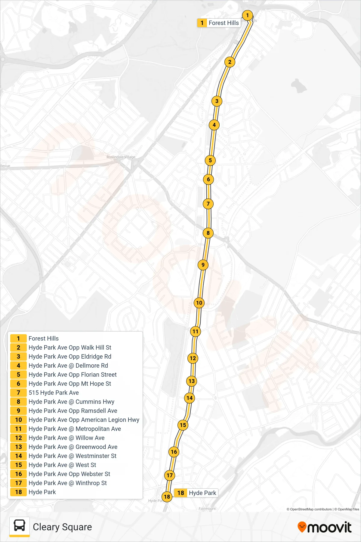 32 bus Line (Cleary Square) route and stops on a map