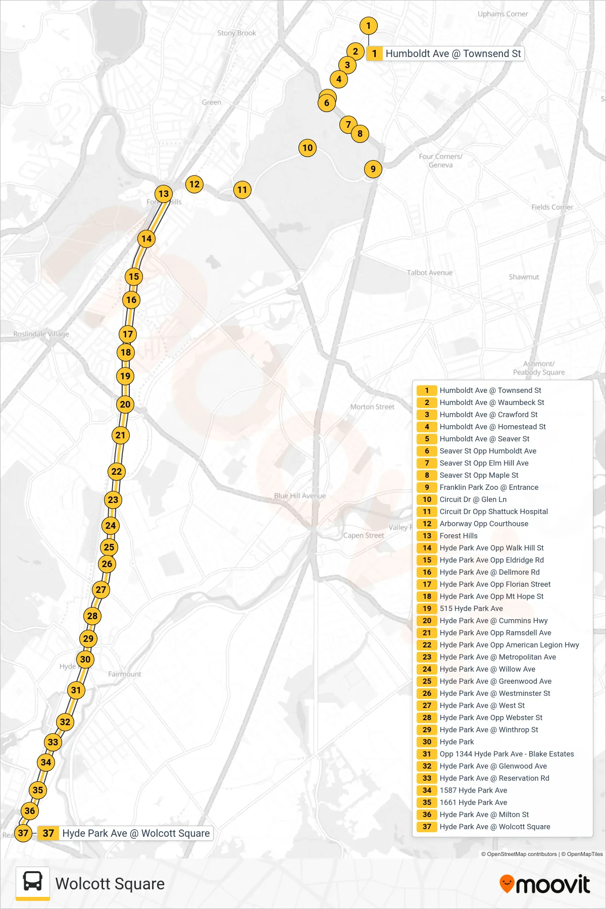 32 bus Line (Wolcott Square) route and stops on a map
