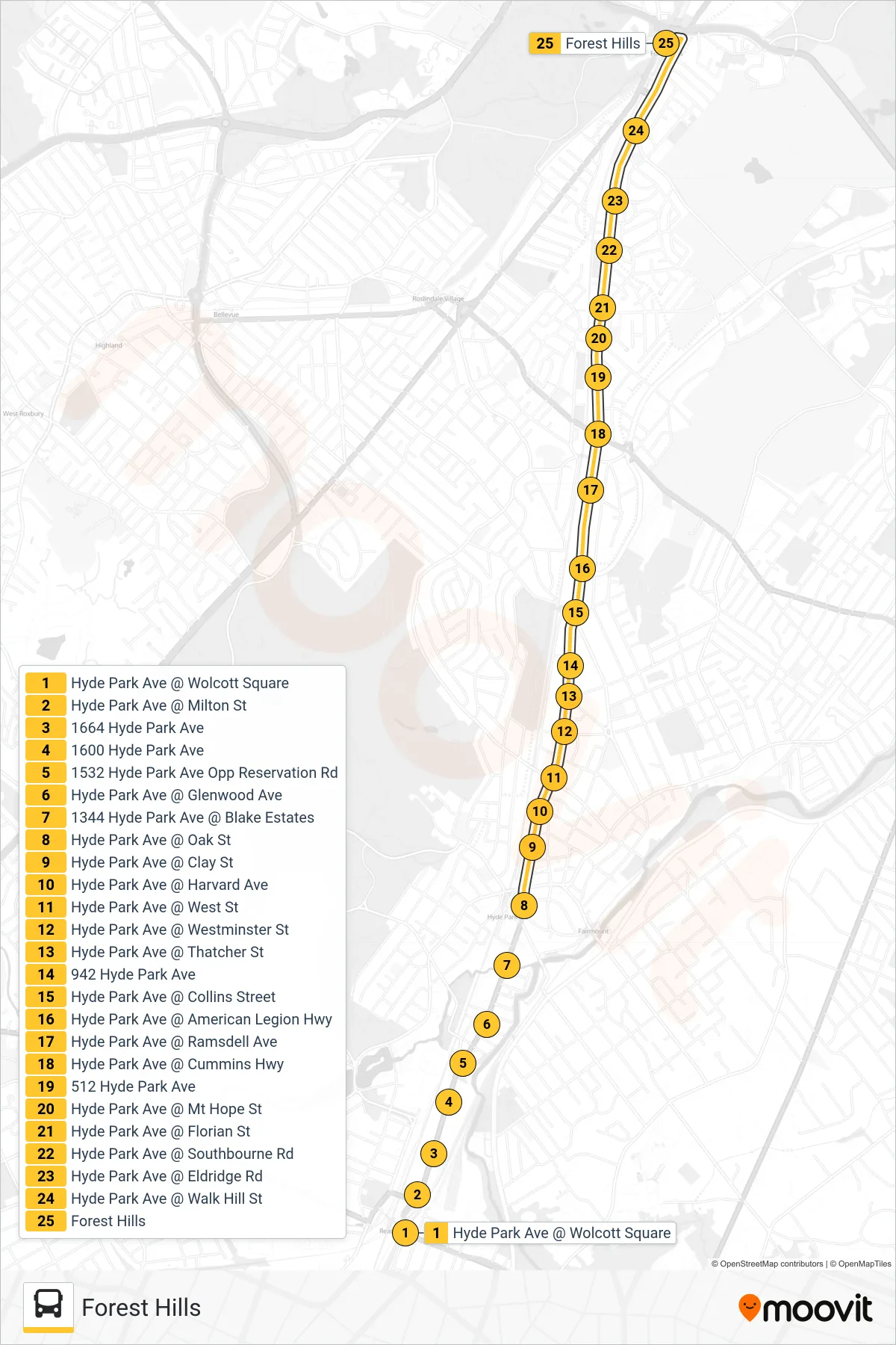 32 bus Line (Forest Hills) route and stops on a map