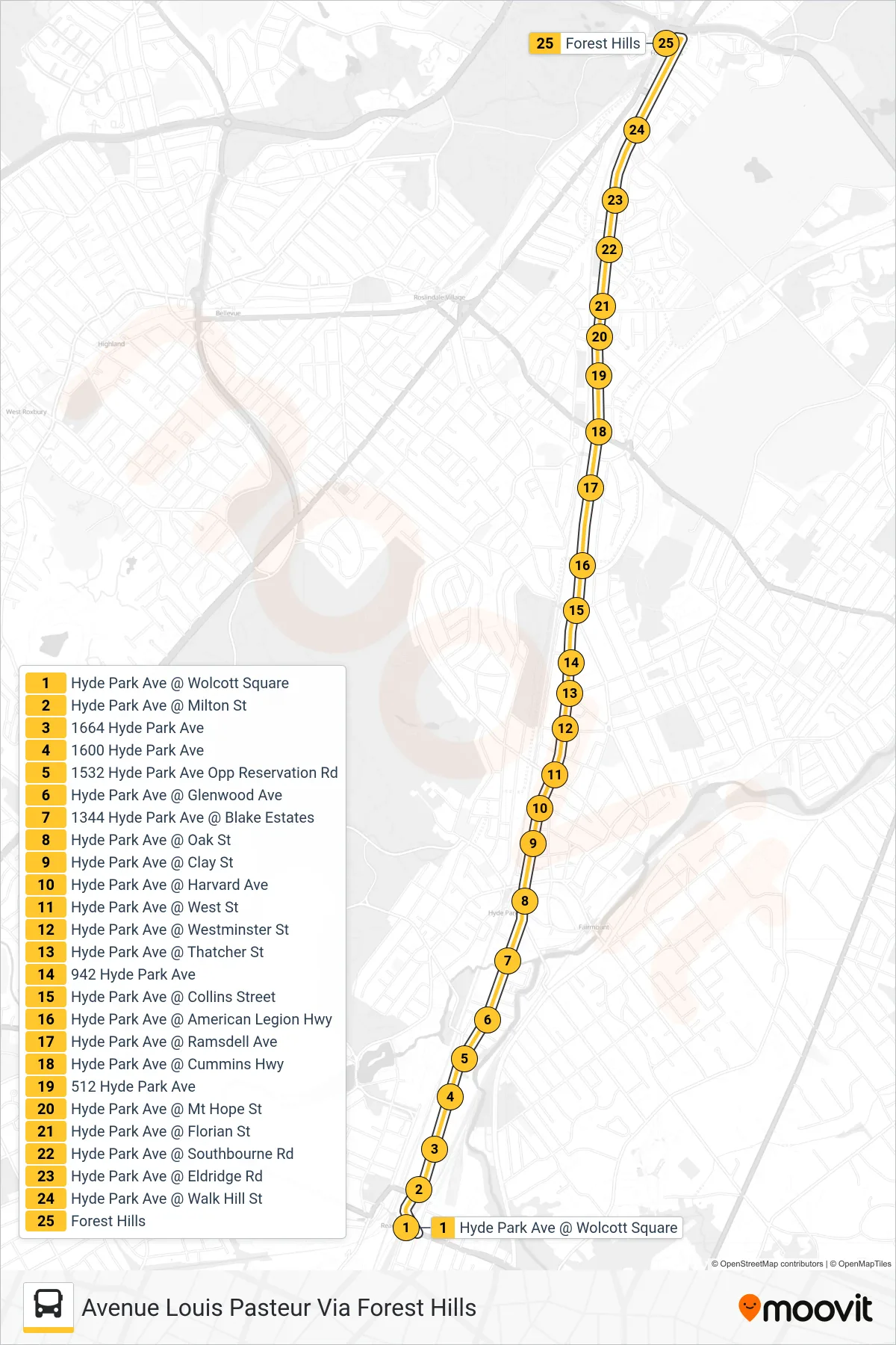 32 bus Line (Avenue Louis Pasteur Via Forest Hills) route and stops on a map