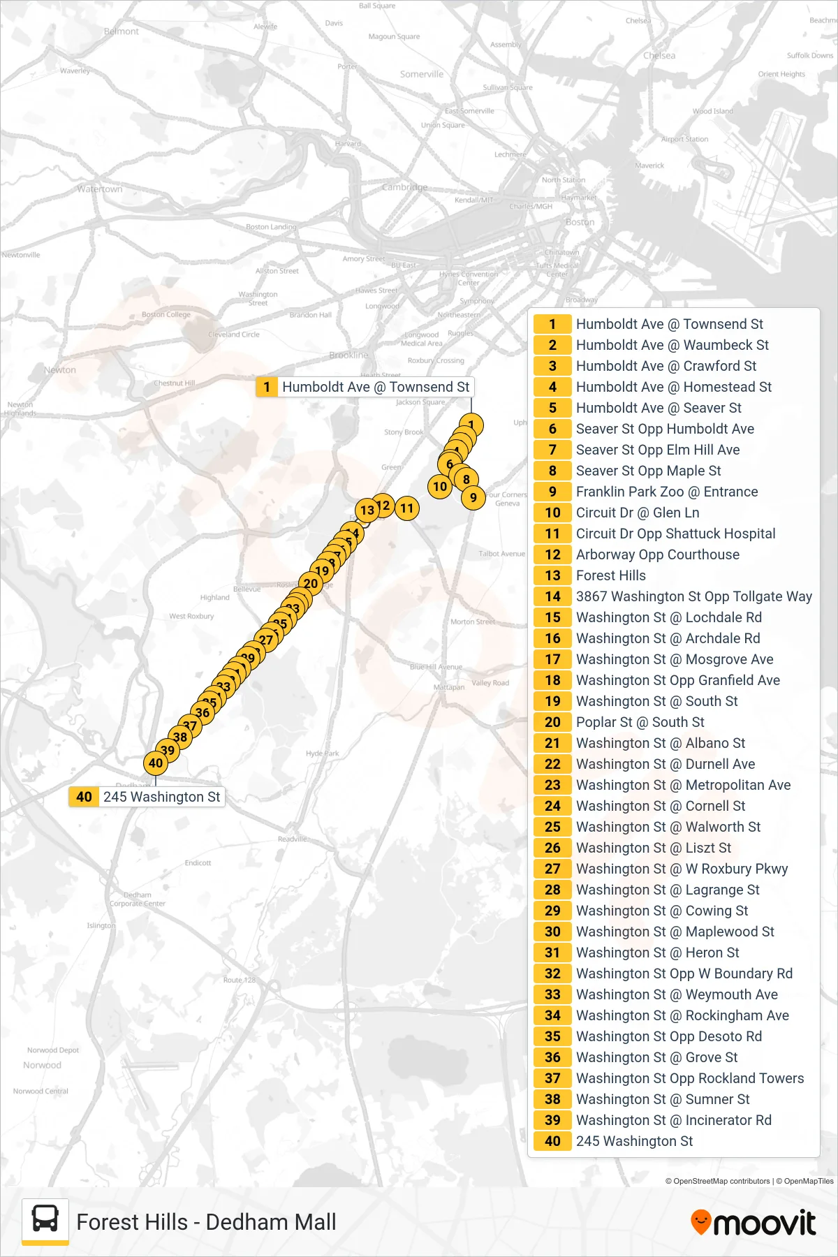 34 bus Line (Dedham Line) route and stops on a map