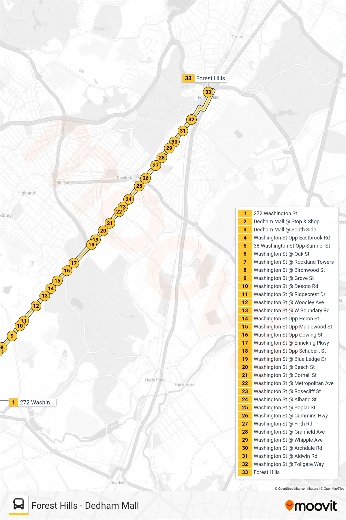 34 bus Line (Forest Hills) route and stops on a map