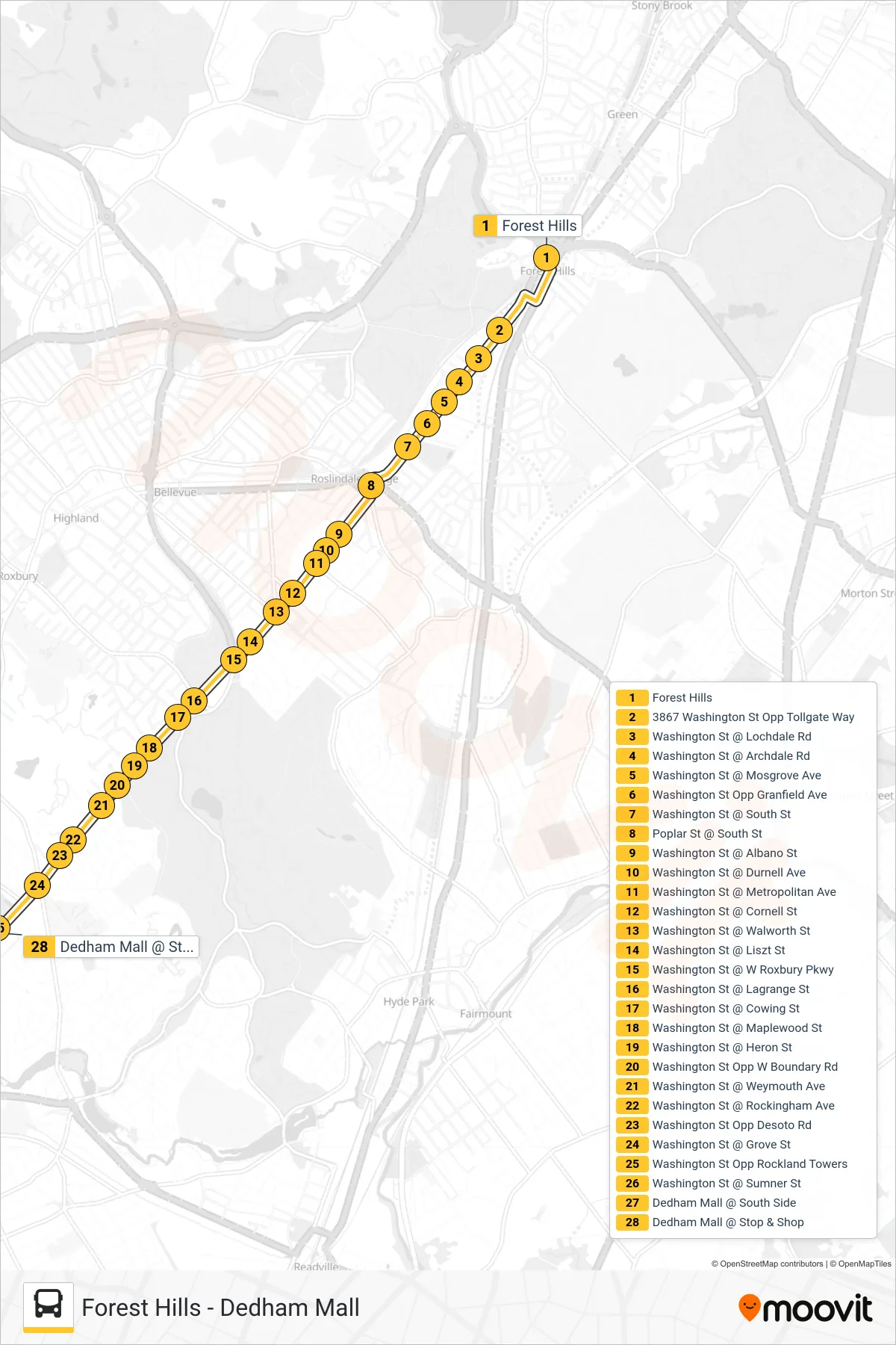 34 bus Line (Dedham Mall) route and stops on a map