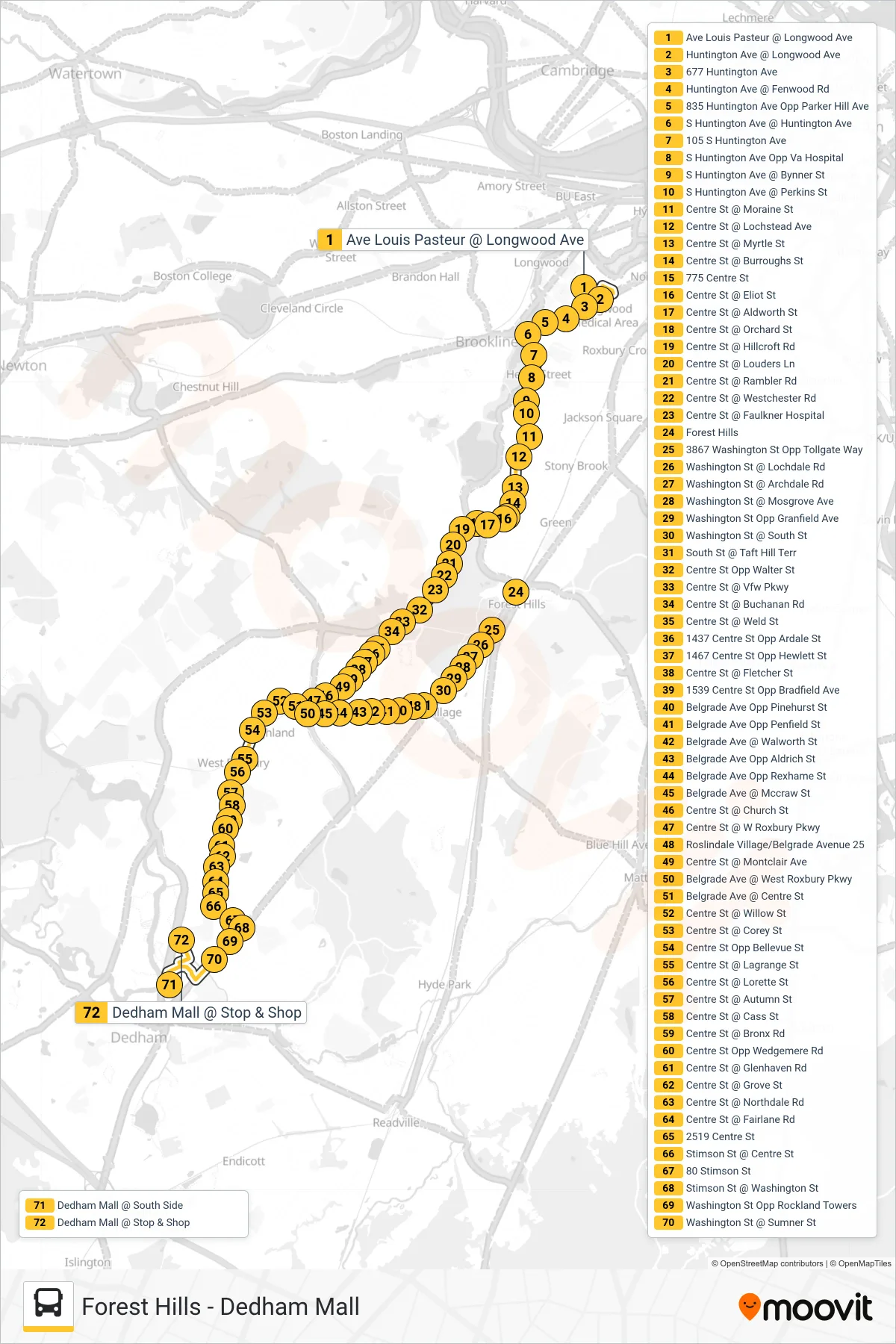 35 bus Line (Dedham Mall) route and stops on a map