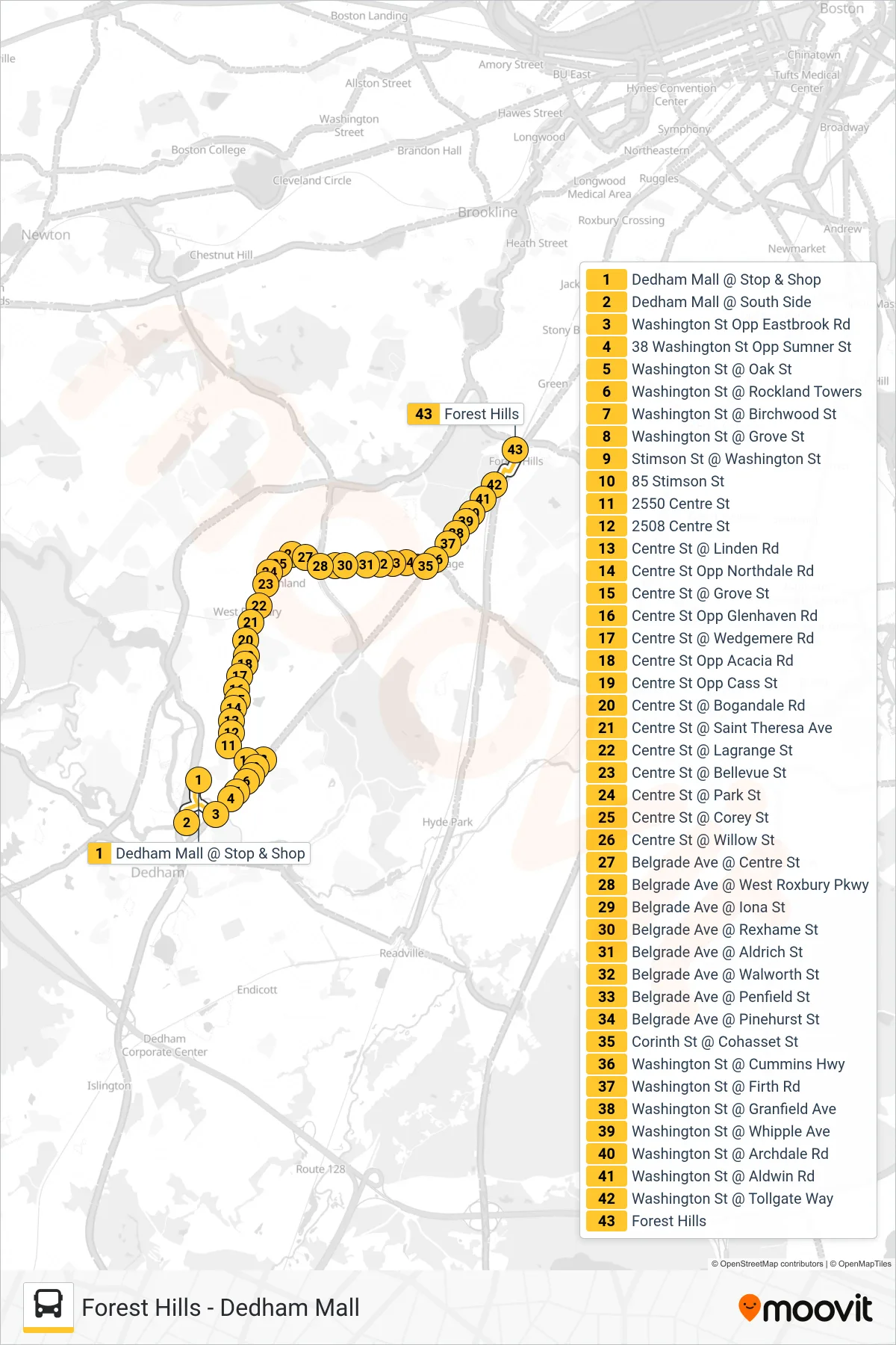 35 bus Line (Forest Hills) route and stops on a map