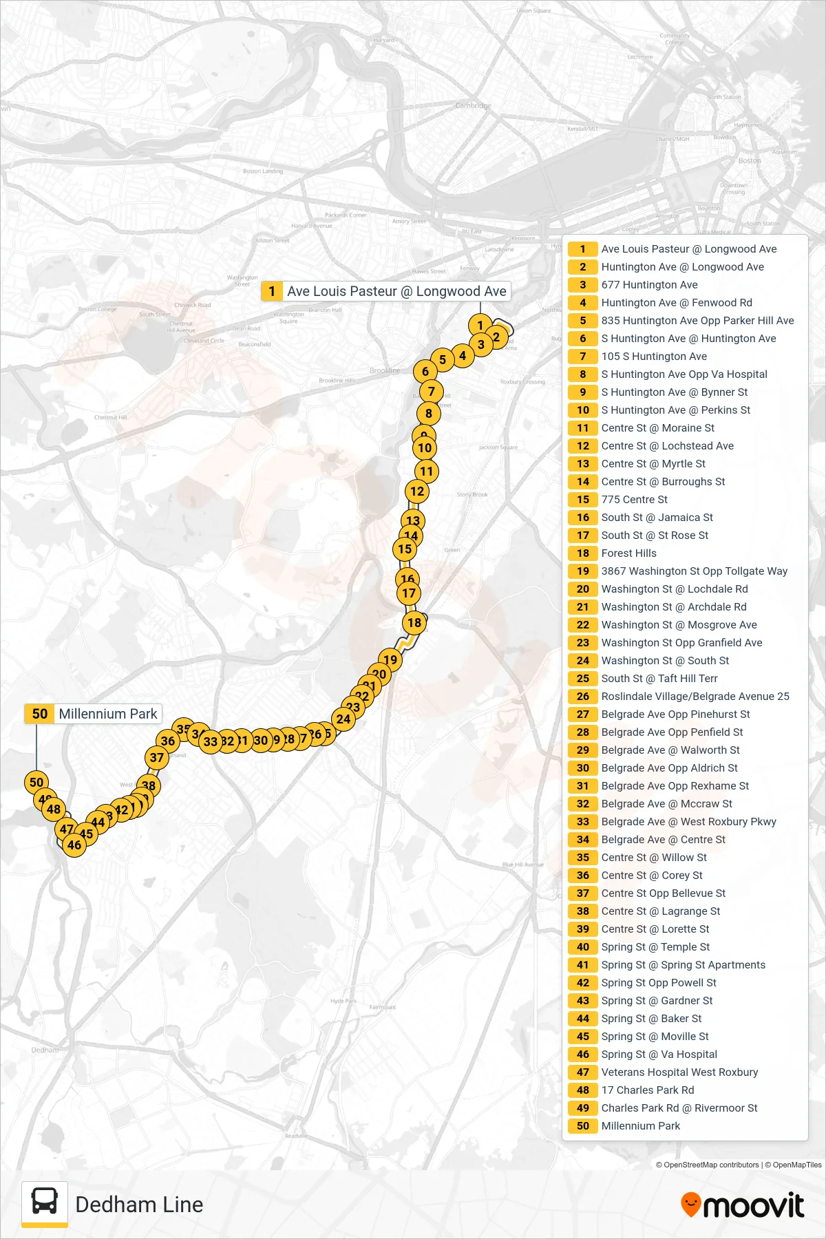 36 bus Line (Dedham Line) route and stops on a map