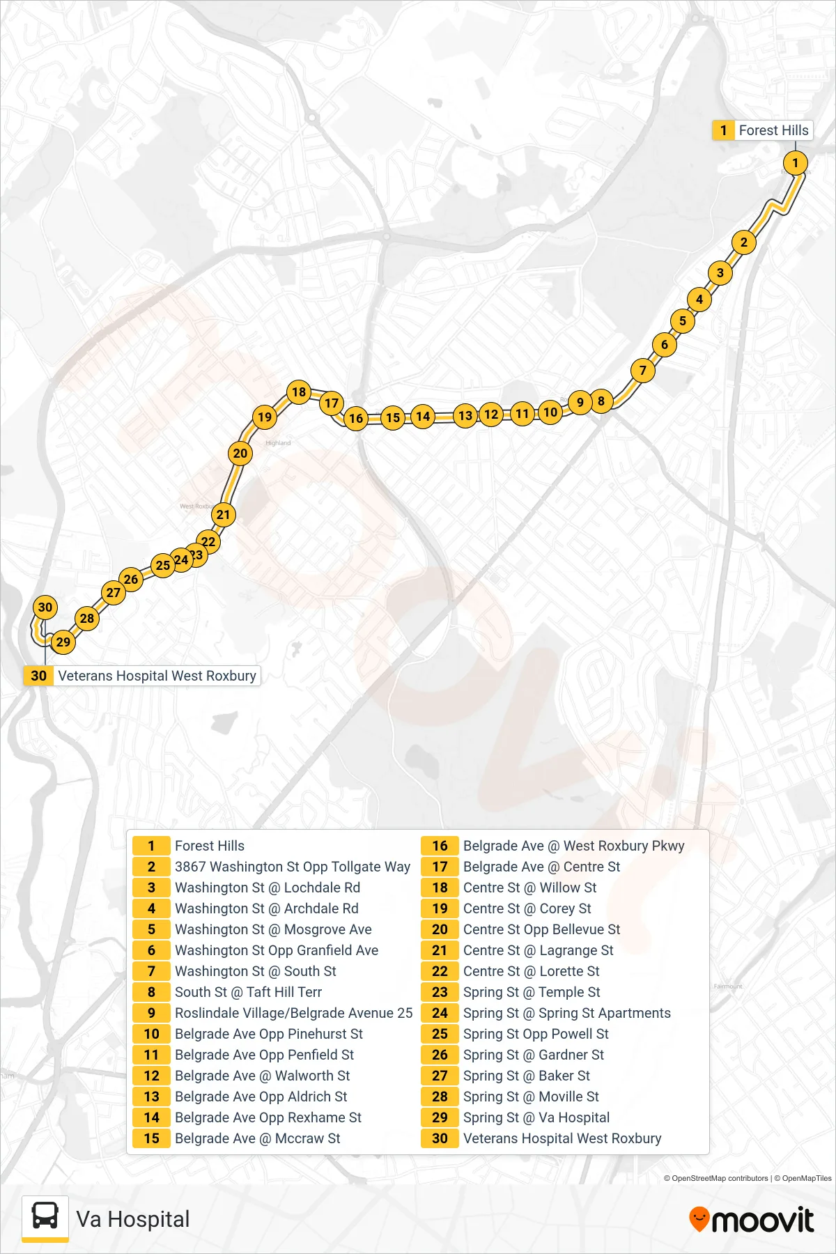 36 bus Line (Va Hospital) route and stops on a map