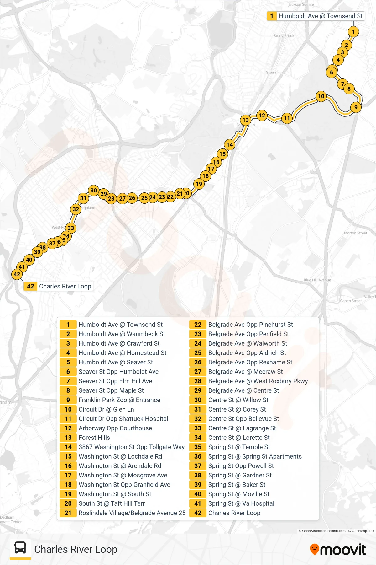 36 bus Line (Charles River Loop) route and stops on a map