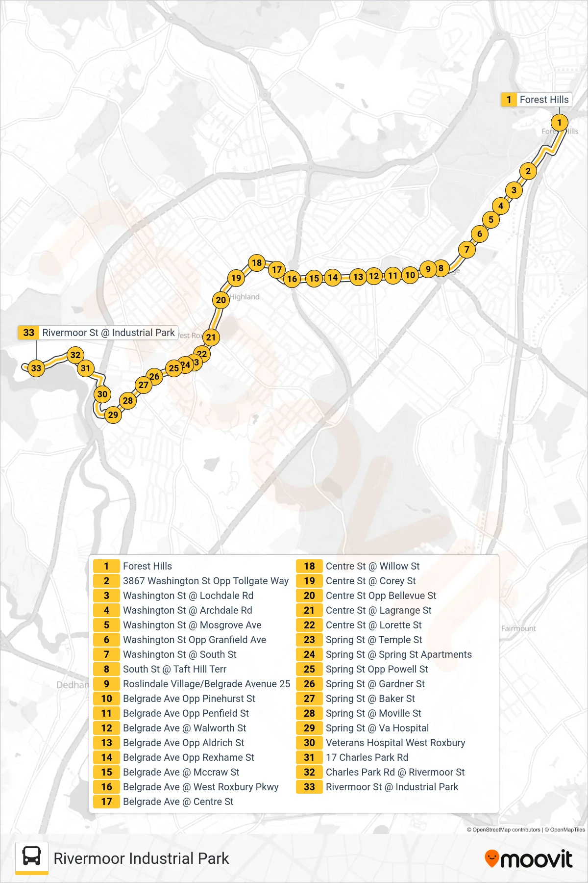 36 bus Line (Rivermoor Industrial Park) route and stops on a map