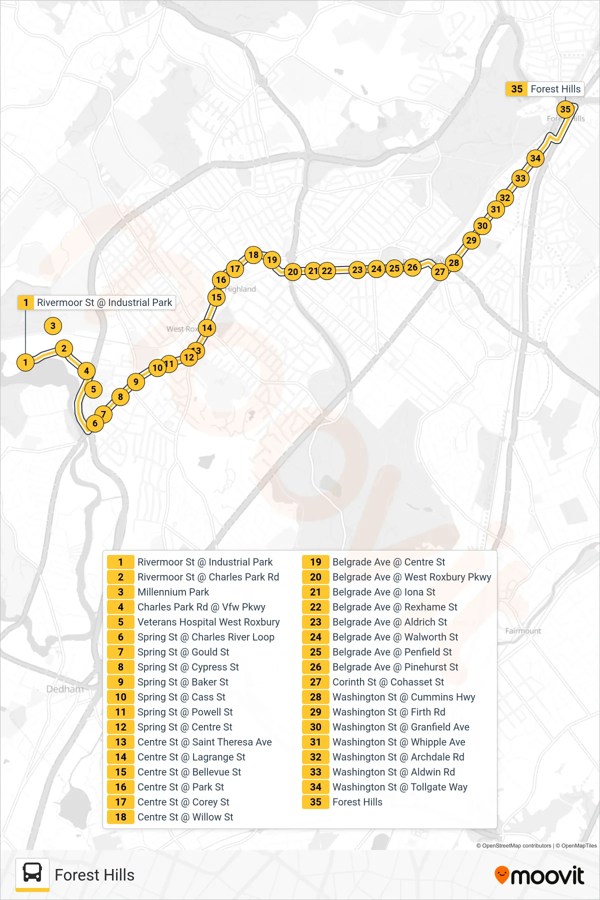 36 bus Line (Forest Hills) route and stops on a map