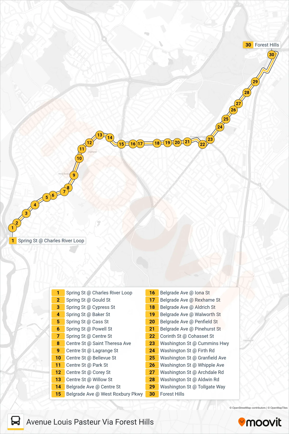 36 bus Line (Avenue Louis Pasteur Via Forest Hills) route and stops on a map
