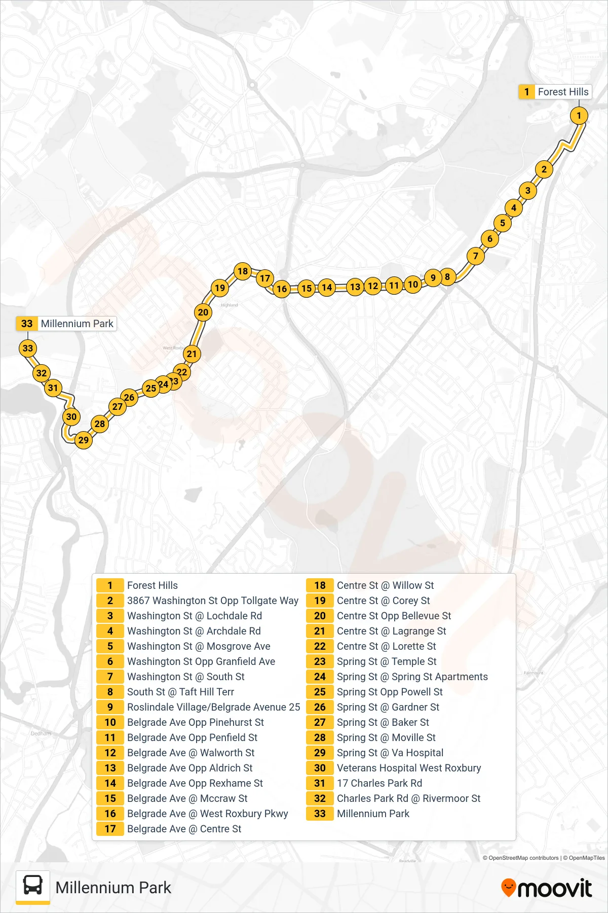 36 bus Line (Millennium Park) route and stops on a map