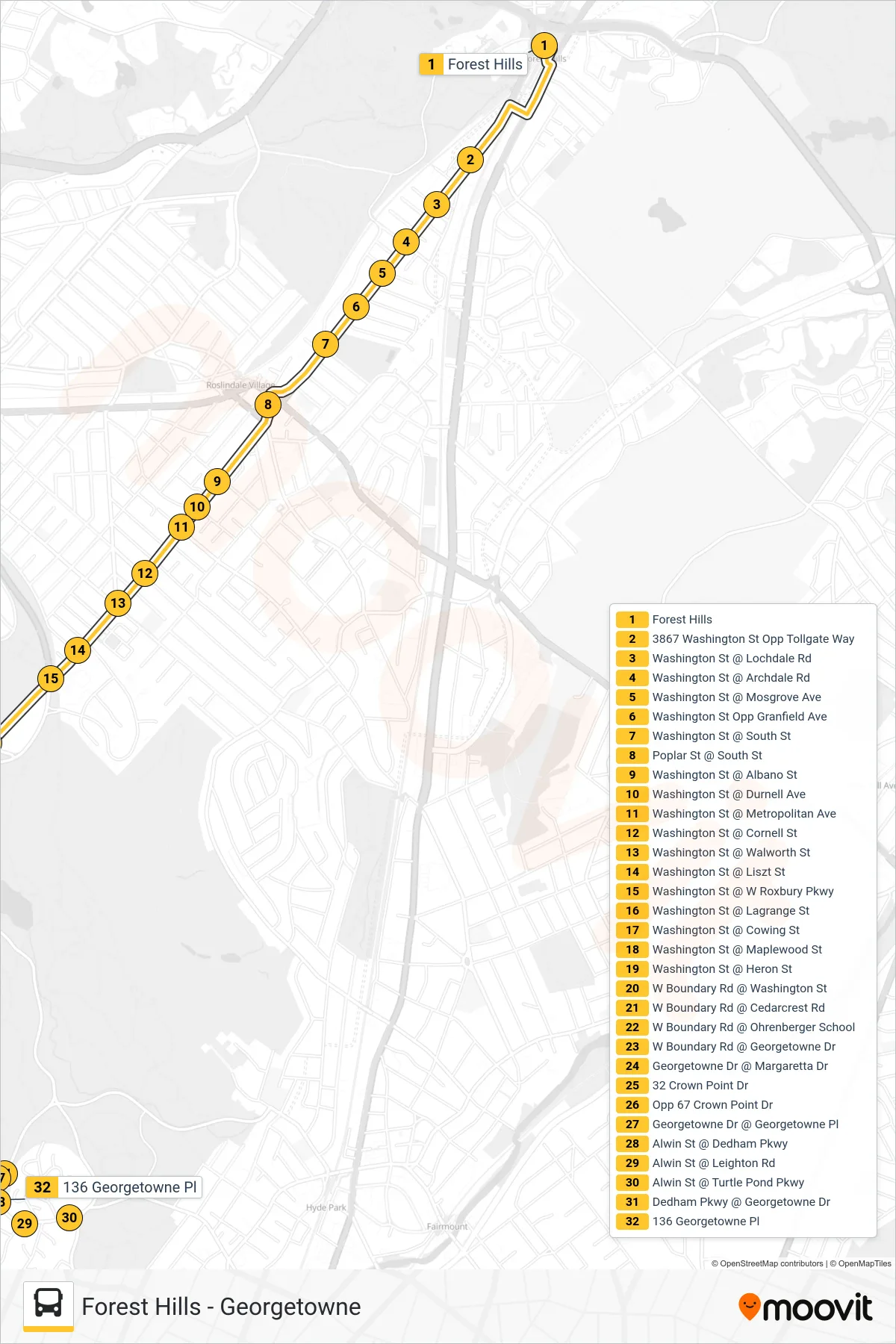 40 bus Line (Georgetowne) route and stops on a map