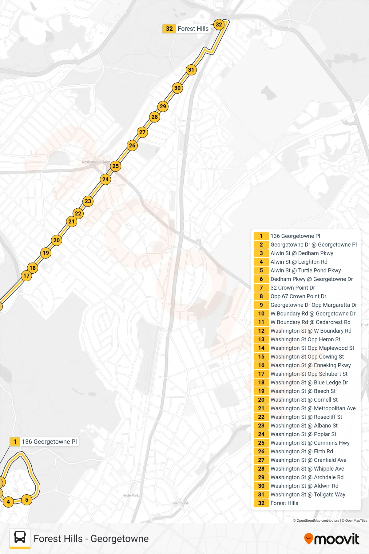 40 bus Line (Forest Hills) route and stops on a map