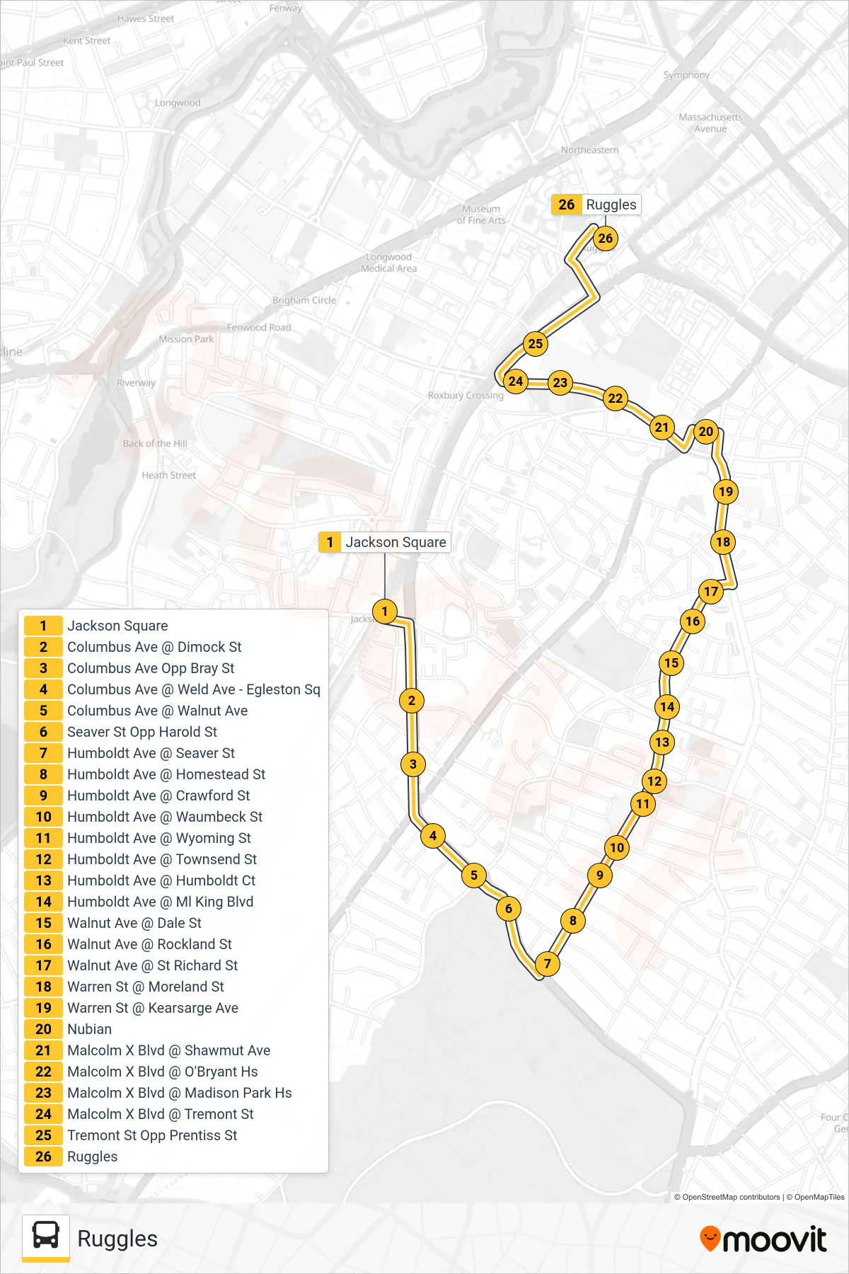 44 bus Line (Ruggles) route and stops on a map