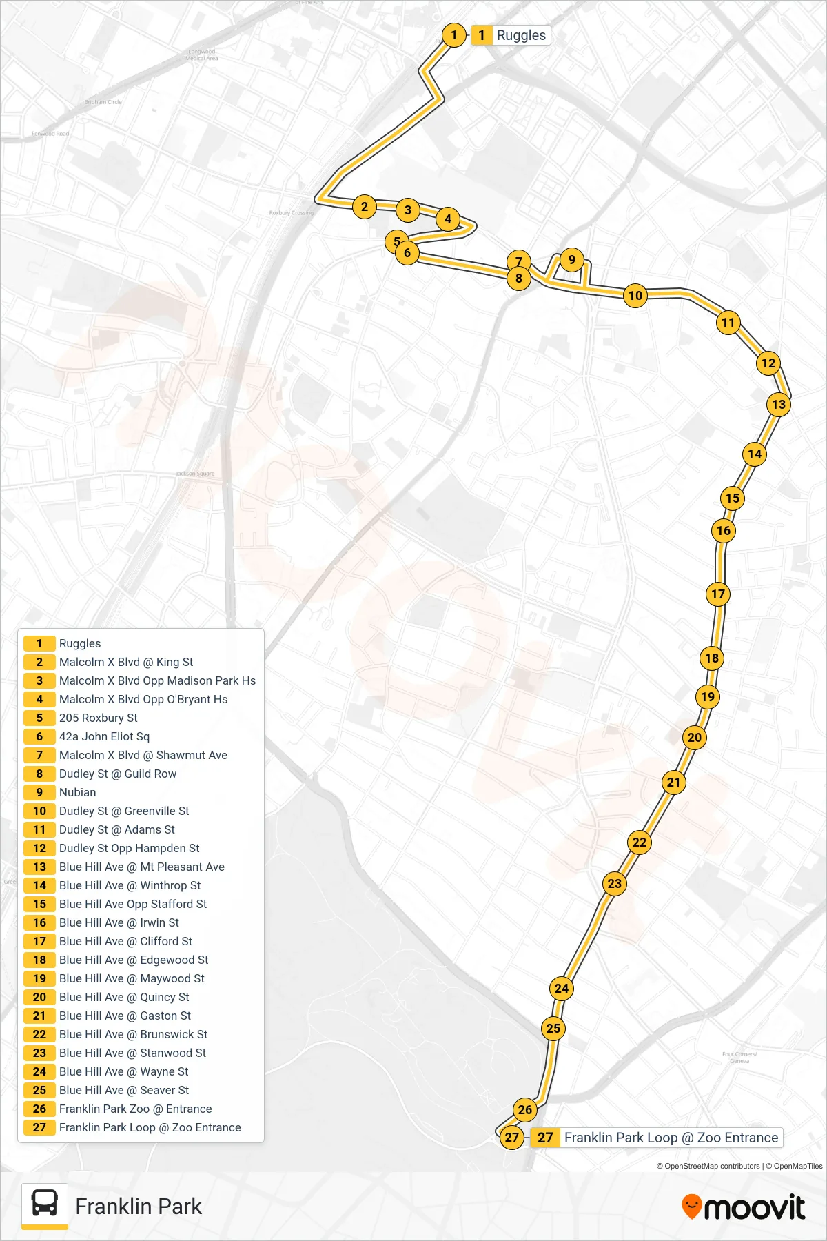 45 bus Line (Franklin Park) route and stops on a map