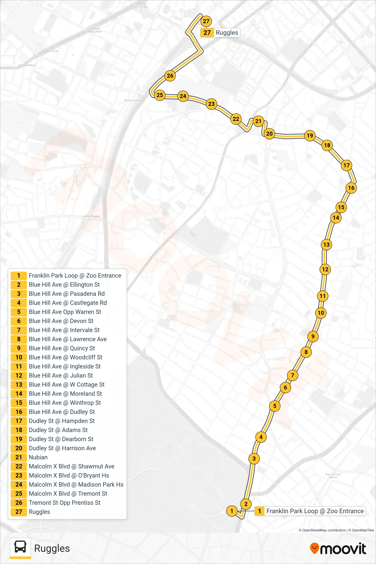 45 bus Line (Ruggles) route and stops on a map