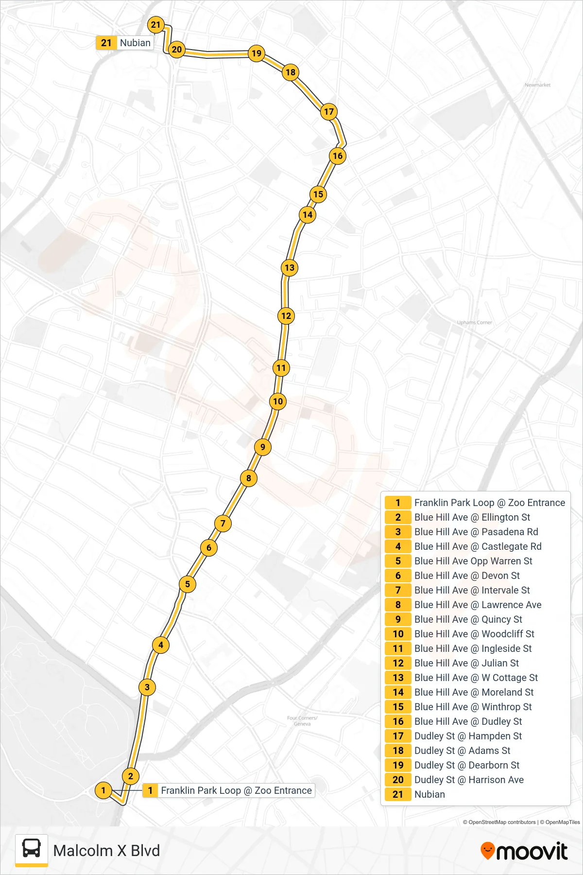45 bus Line (Malcolm X Blvd) route and stops on a map