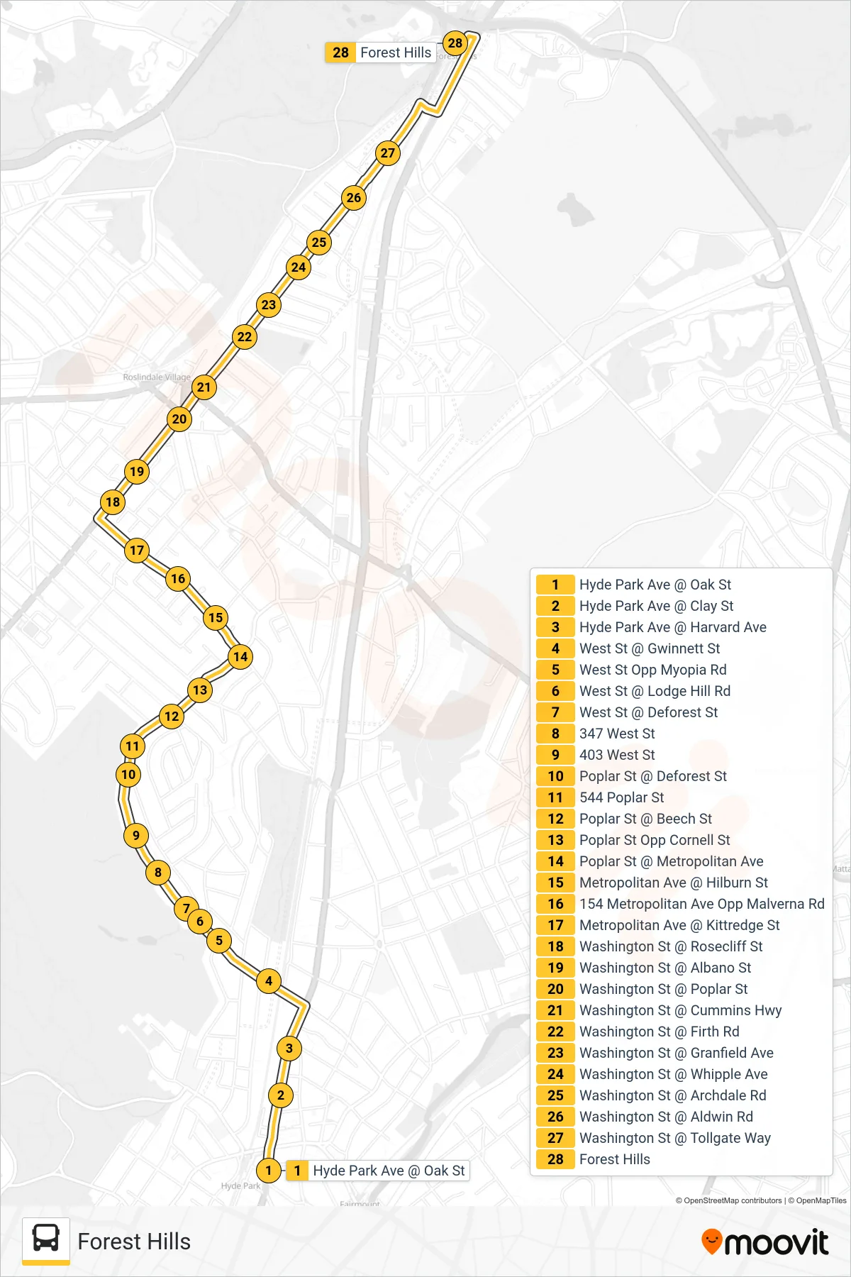 50 bus Line (Forest Hills) route and stops on a map