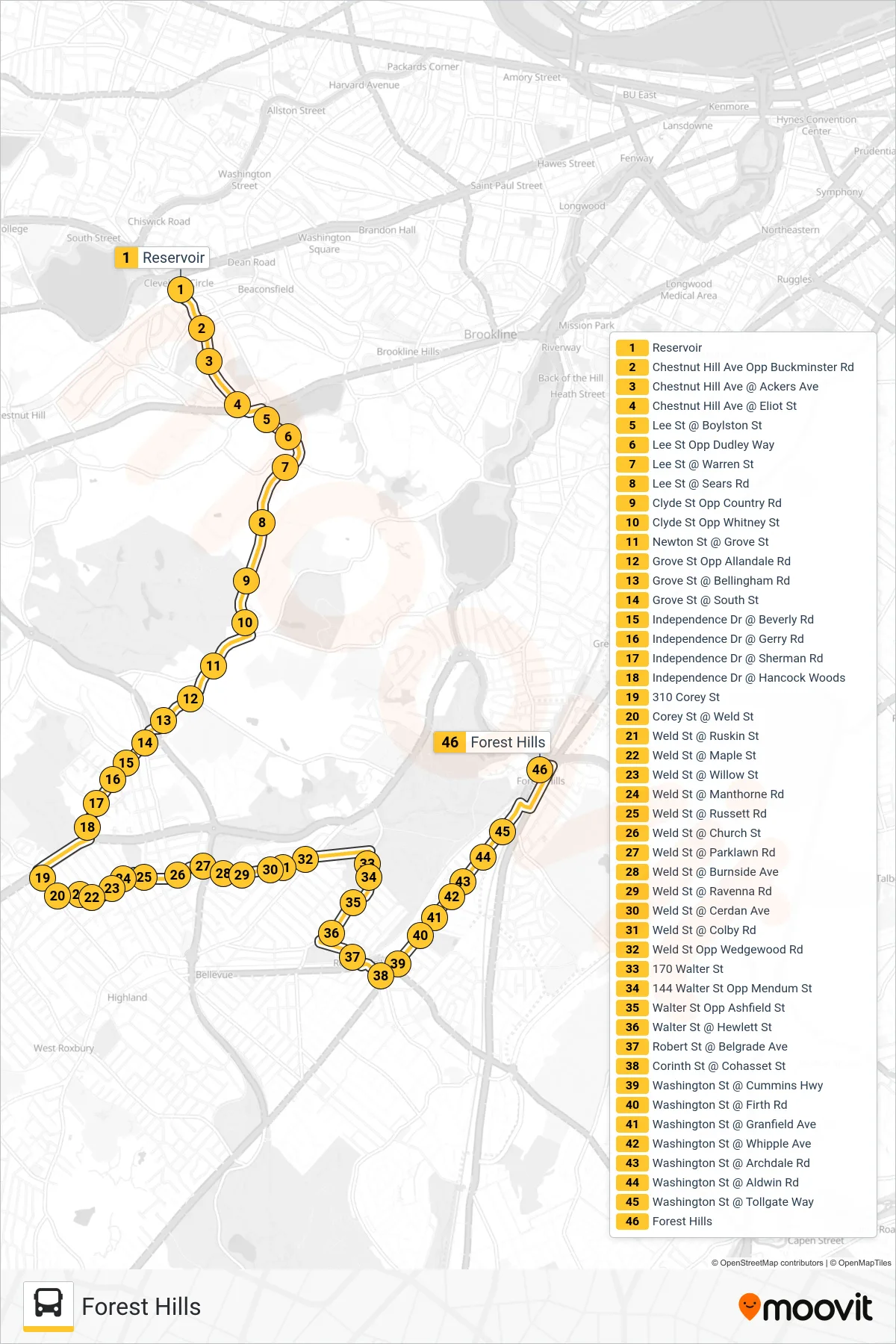 51 bus Line (Forest Hills) route and stops on a map