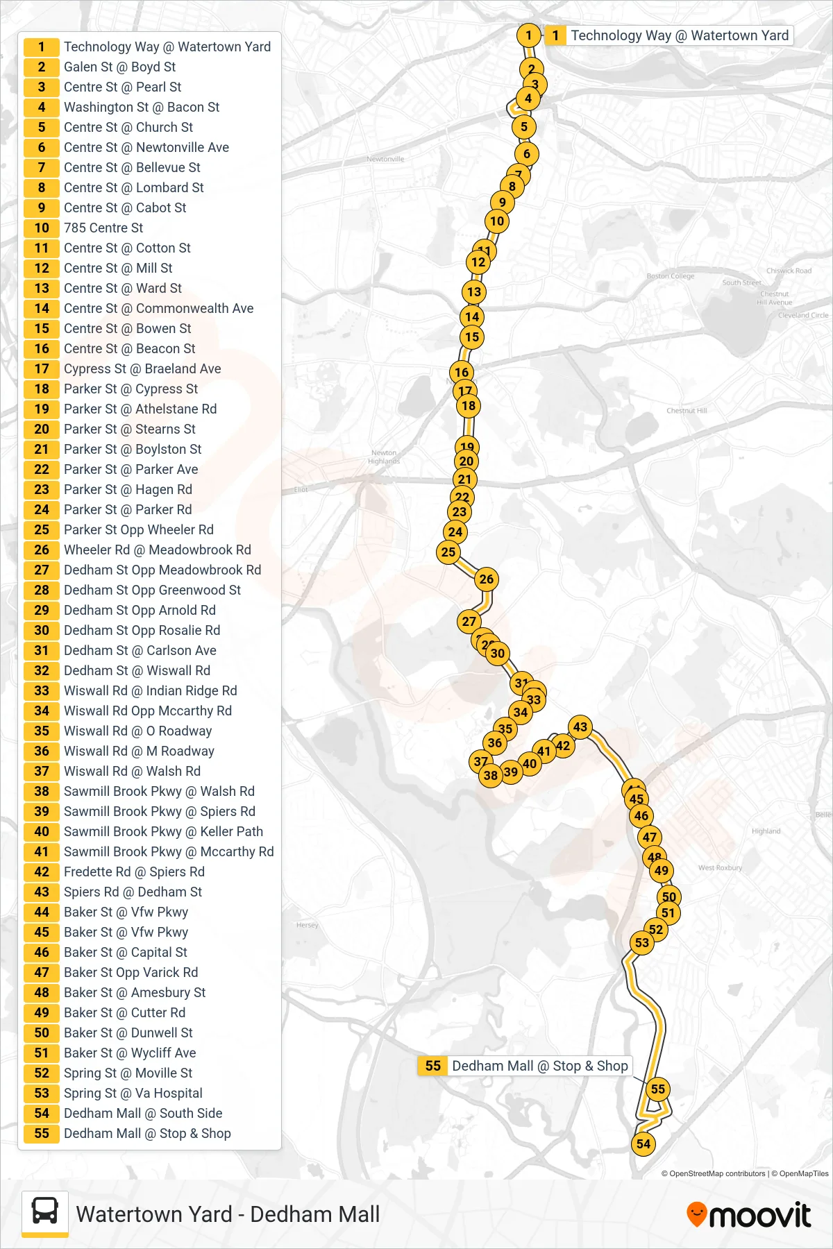 52 bus Line (Dedham Mall) route and stops on a map