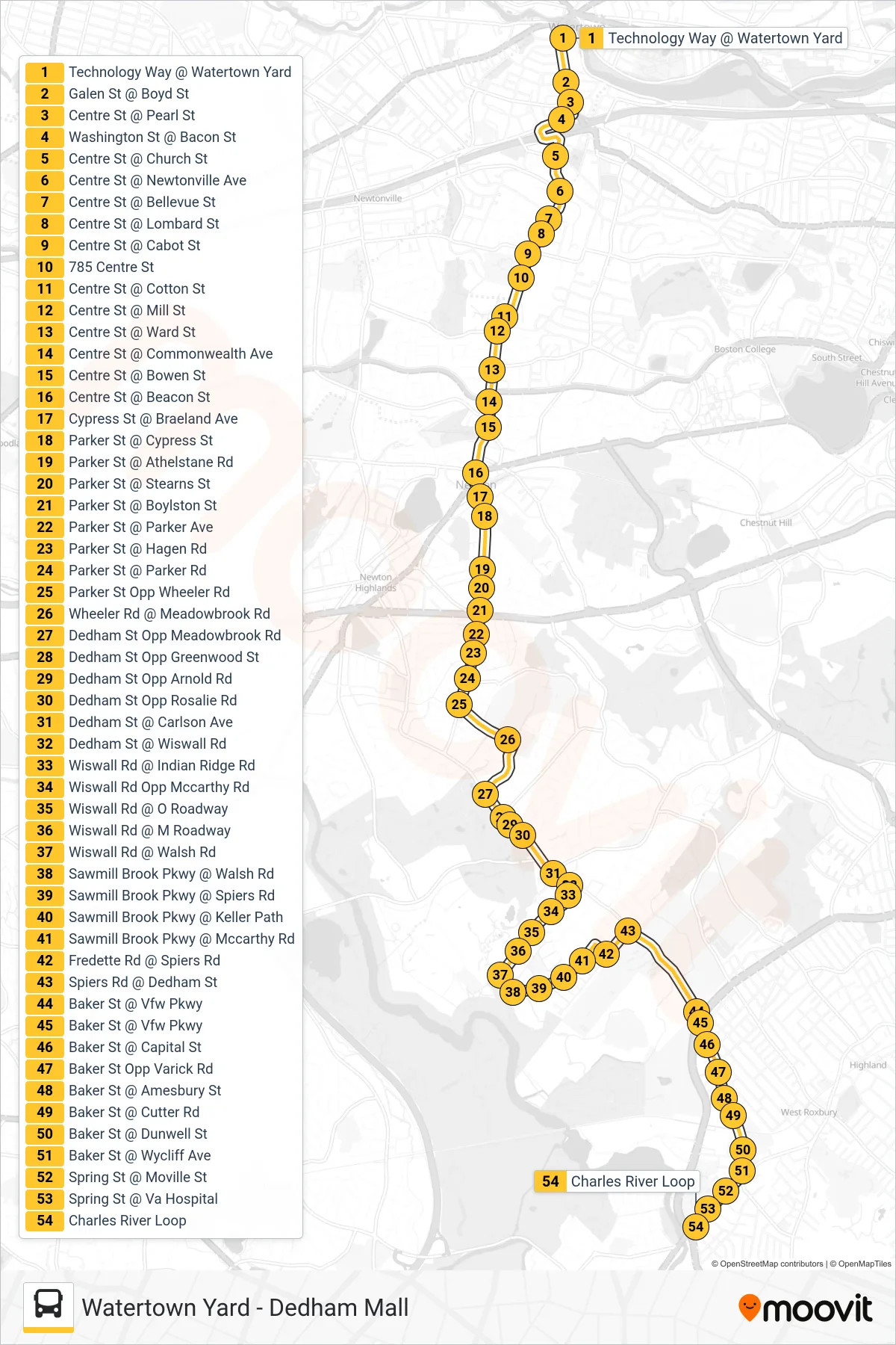 52 bus Line (Charles River Loop) route and stops on a map