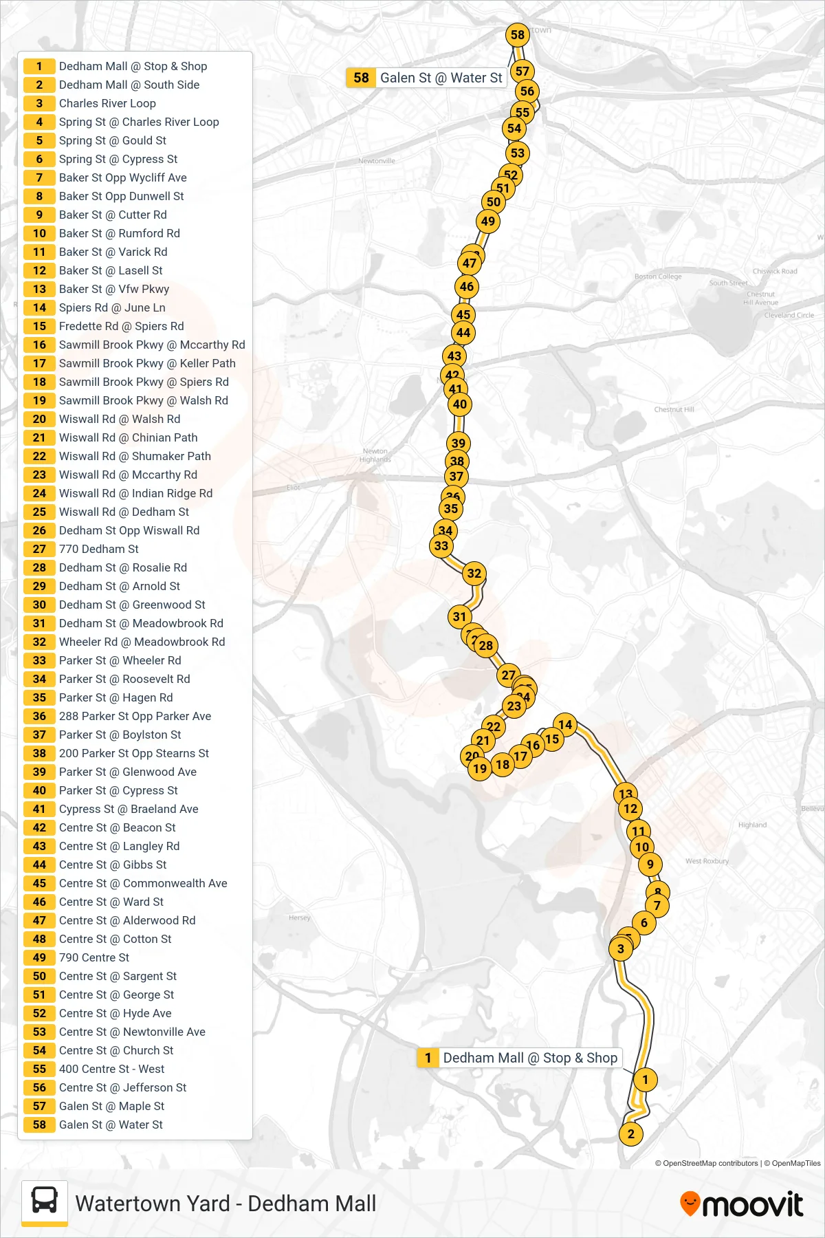 52 bus Line (Watertown Yard) route and stops on a map