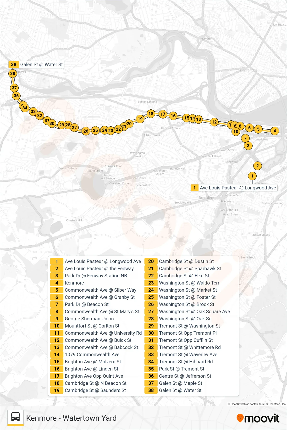 57 bus Line (Watertown Yard) route and stops on a map