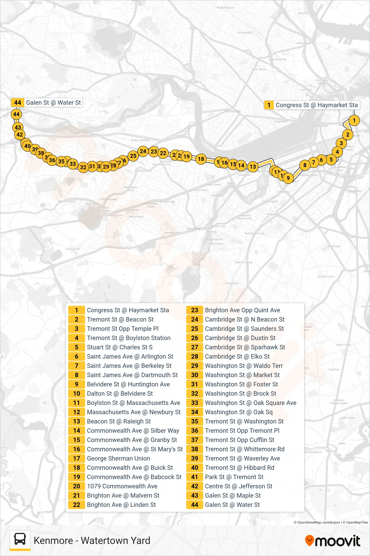 57 bus Line (Watertown Via Kenmore) route and stops on a map