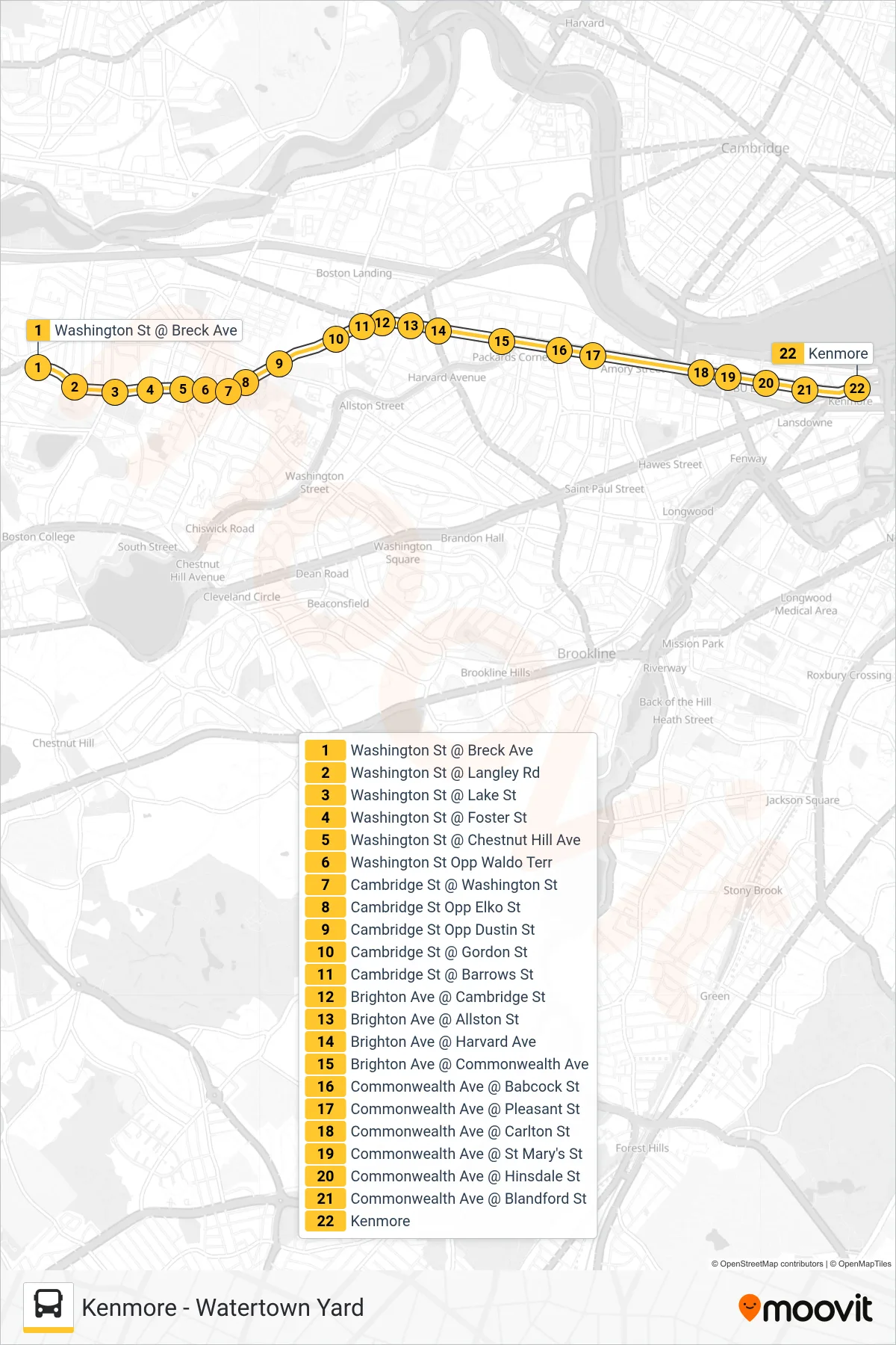 57 bus Line (Ruggles Via Kenmore) route and stops on a map