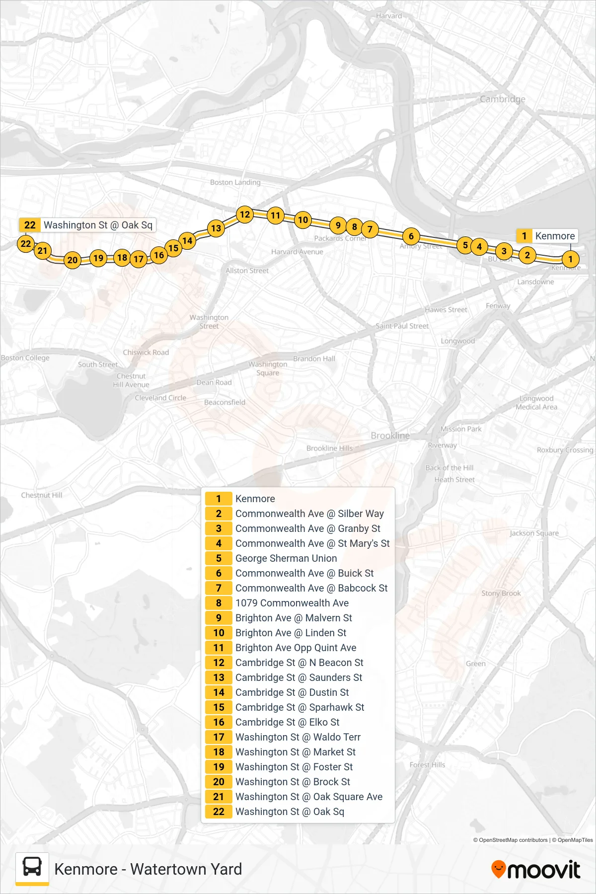 57 bus Line (Oak Square) route and stops on a map