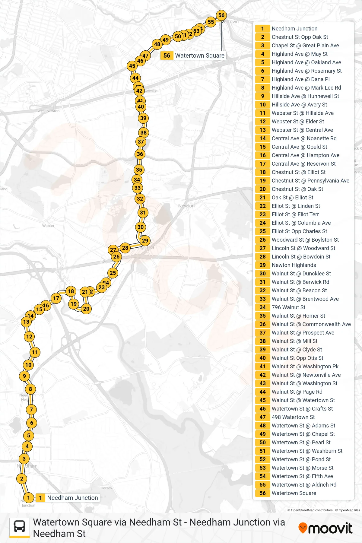59 bus Line (Watertown Square) route and stops on a map