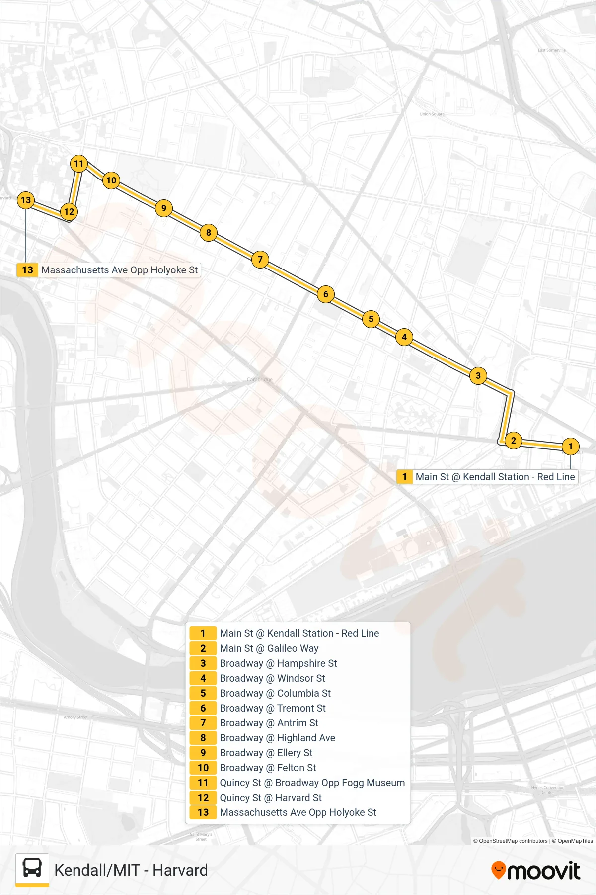 68 bus Line (Harvard) route and stops on a map