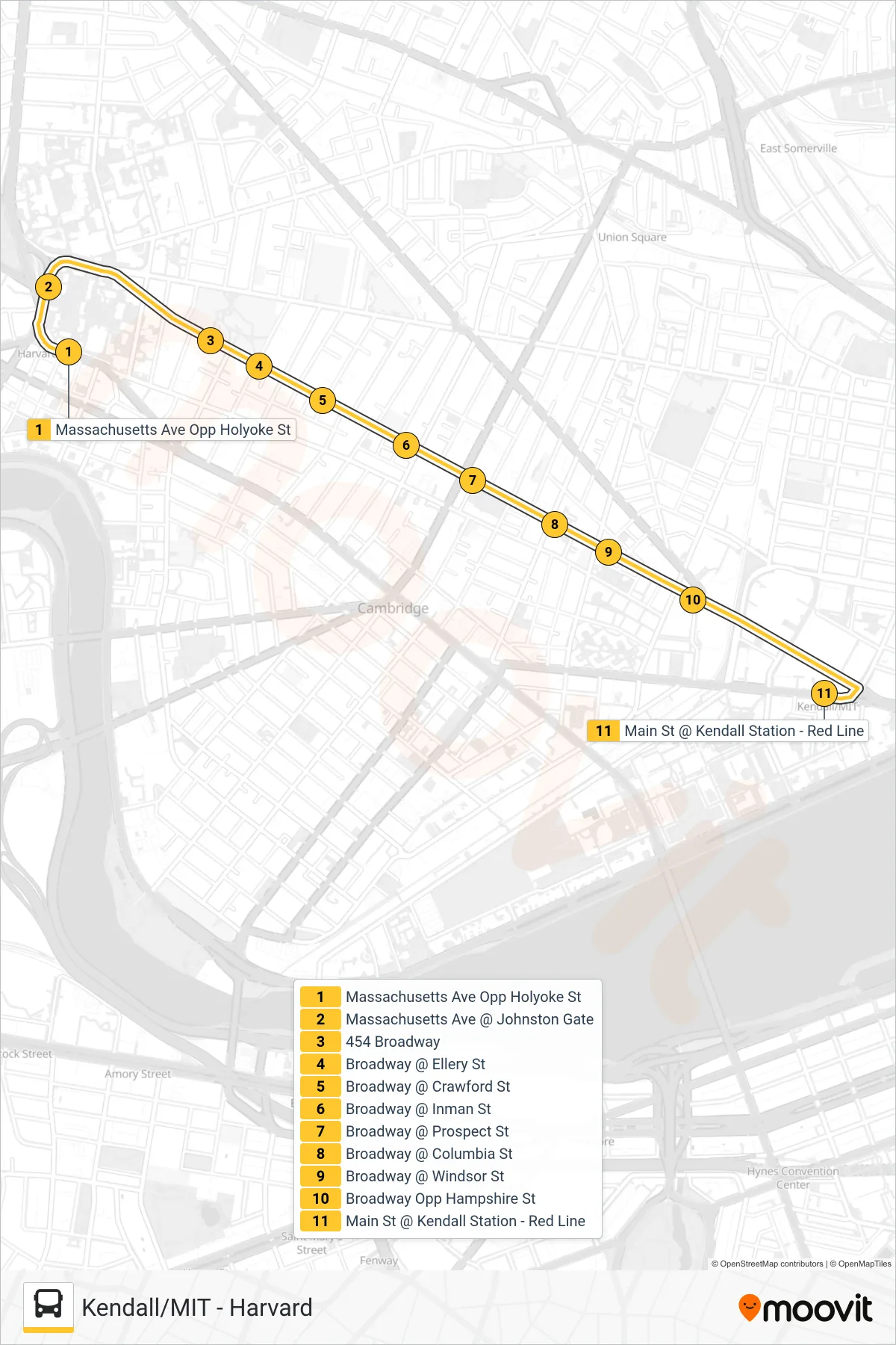 68 bus Line (Kendall/MIT) route and stops on a map