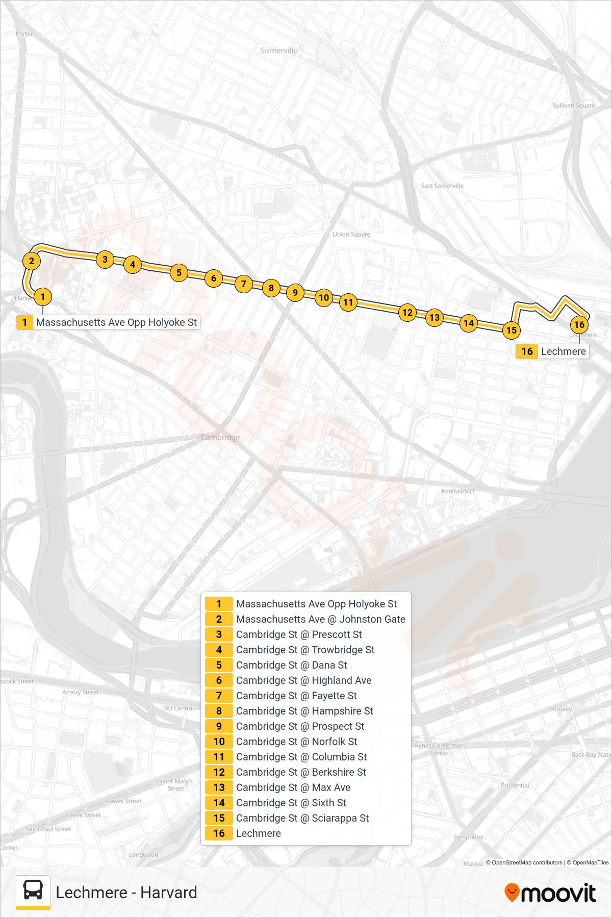 69 bus Line (Lechmere) route and stops on a map