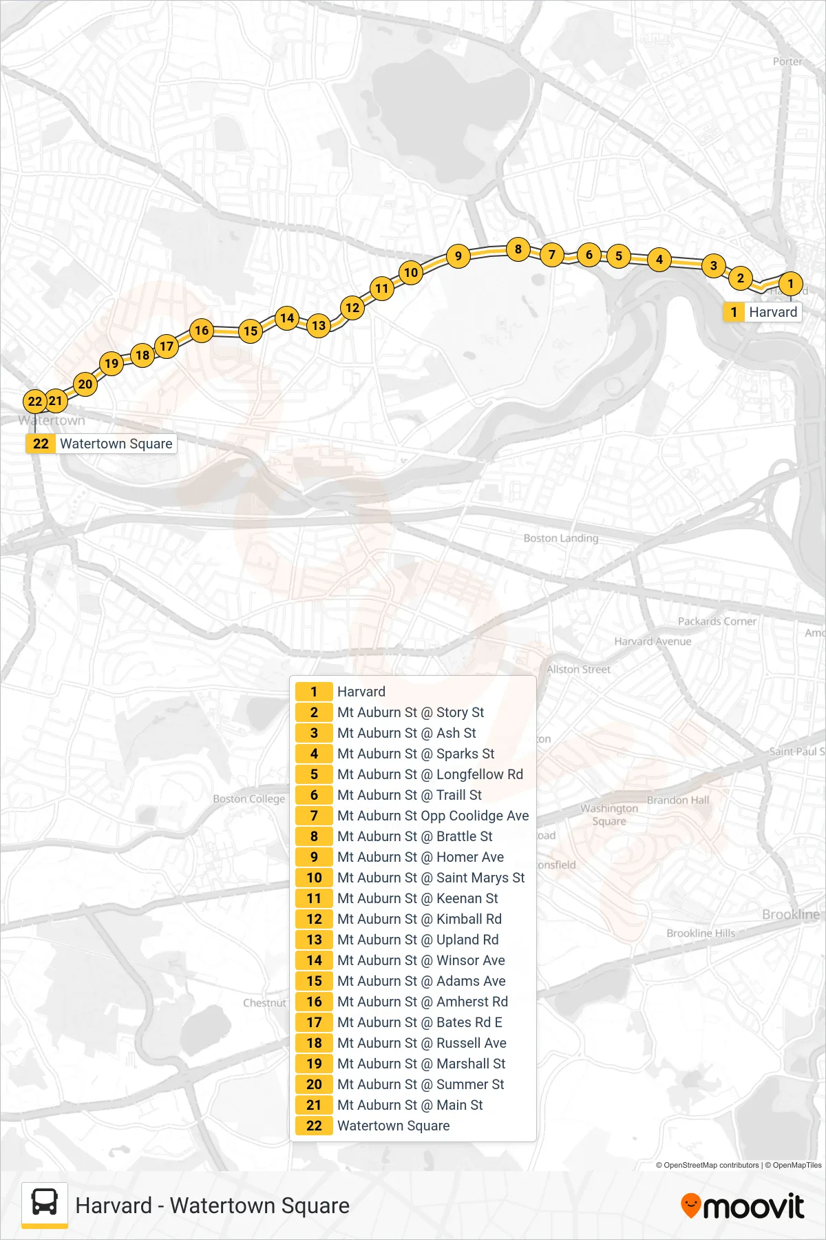71 bus Line (Watertown Square) route and stops on a map
