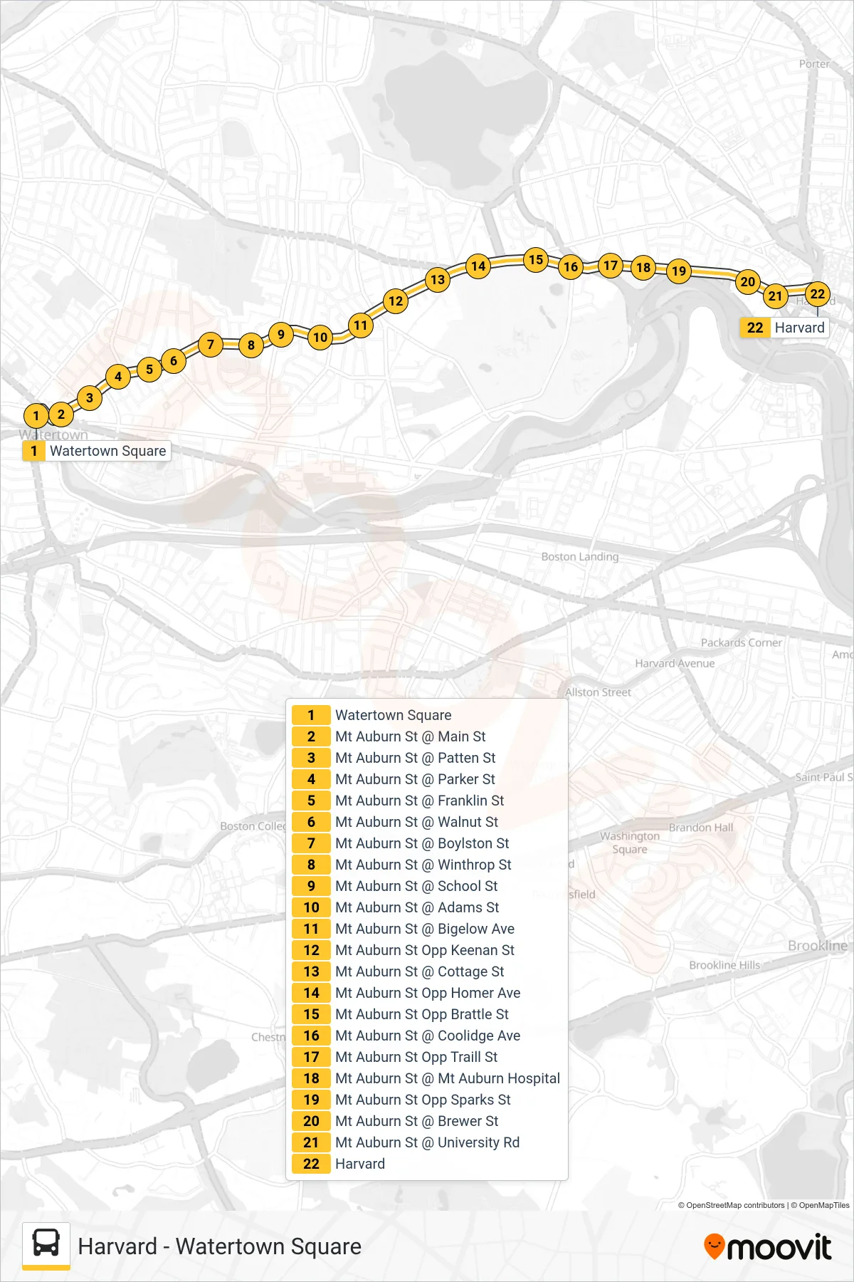 71 bus Line (Harvard) route and stops on a map