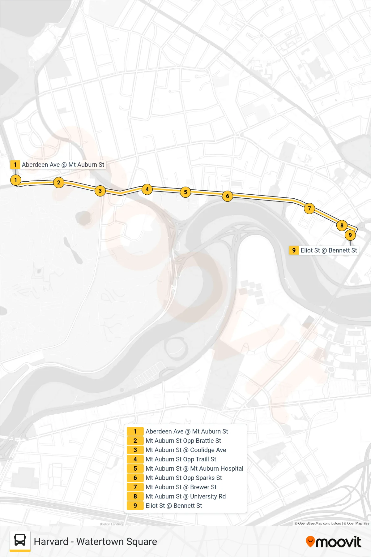 71 bus Line (Harvard Square) route and stops on a map