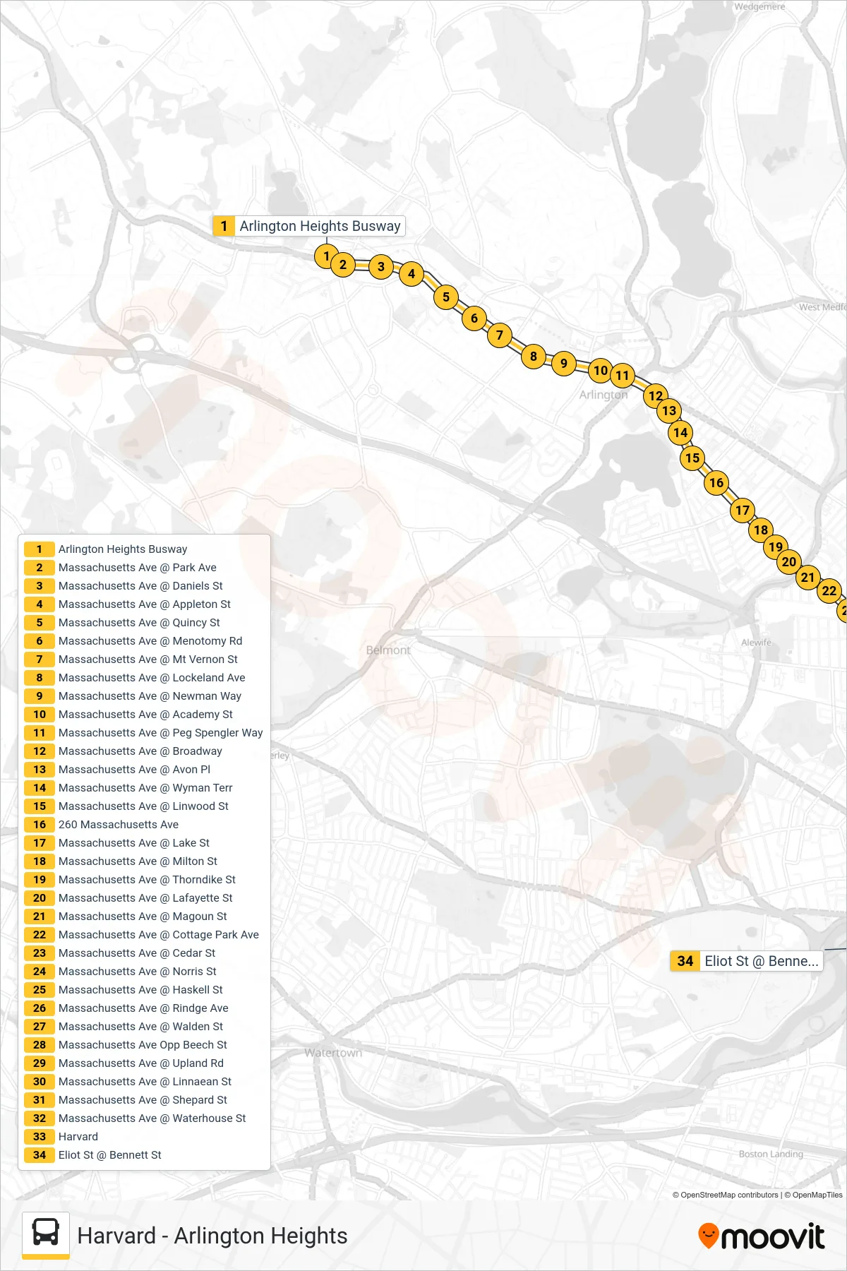 77 bus Line (Harvard) route and stops on a map