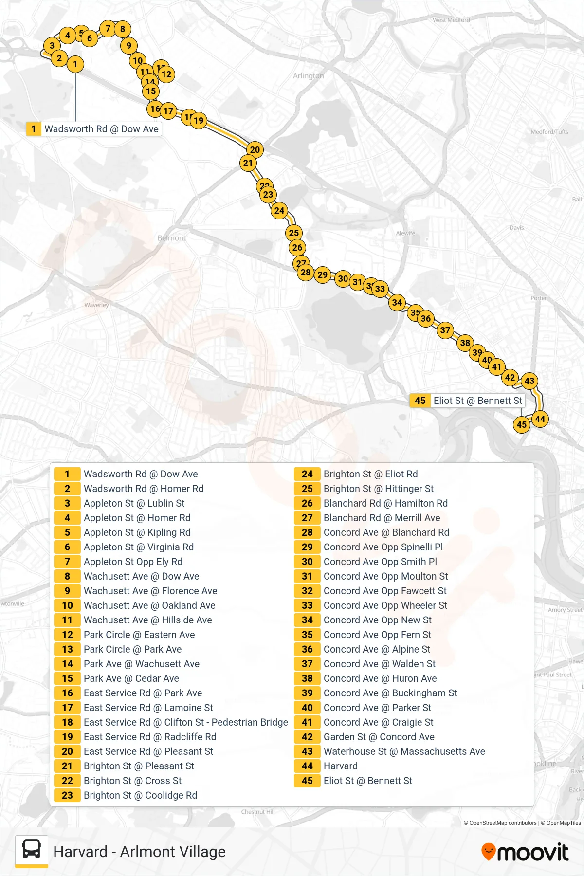 78 bus Line (Harvard) route and stops on a map
