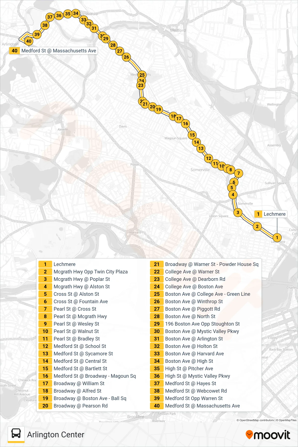 80 bus Line (Arlington Center) route and stops on a map