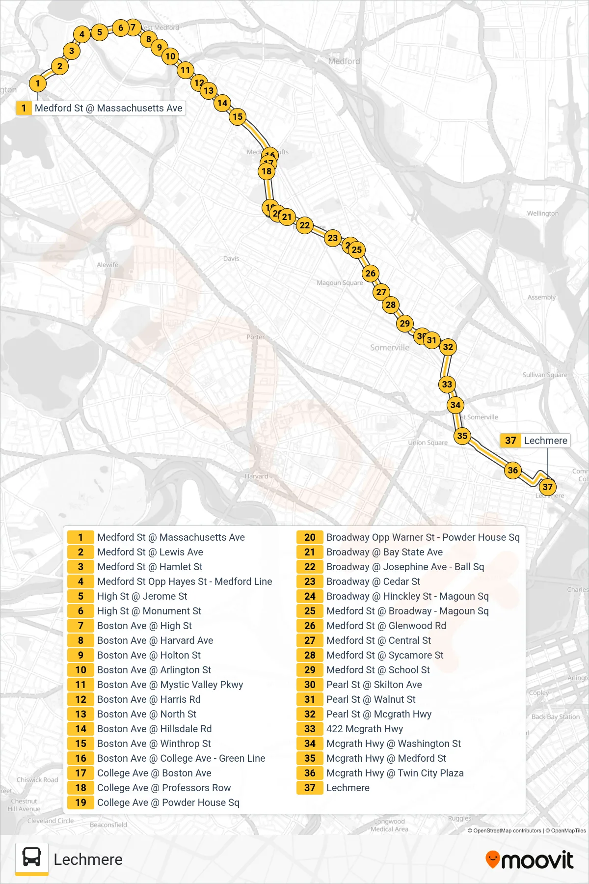 80 bus Line (Lechmere) route and stops on a map