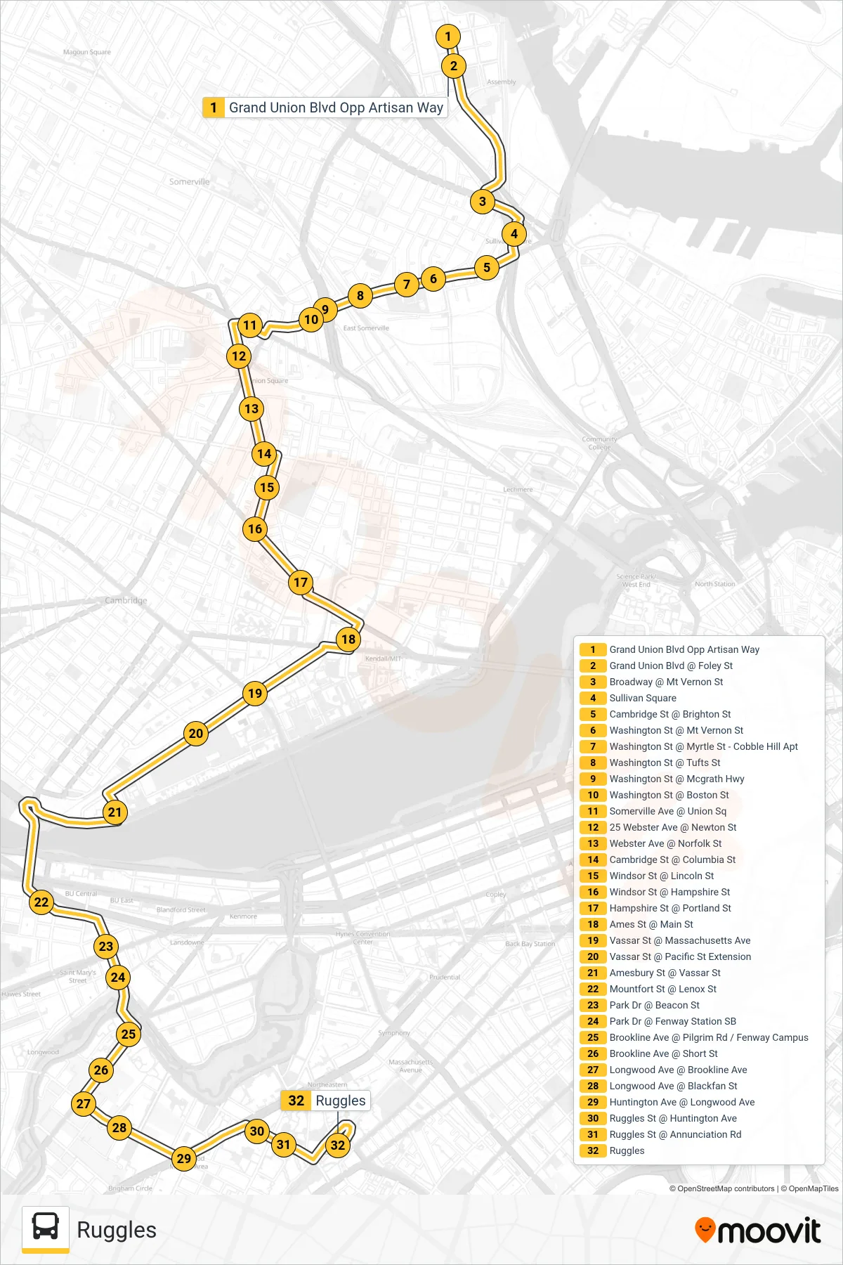 85 bus Line (Ruggles) route and stops on a map