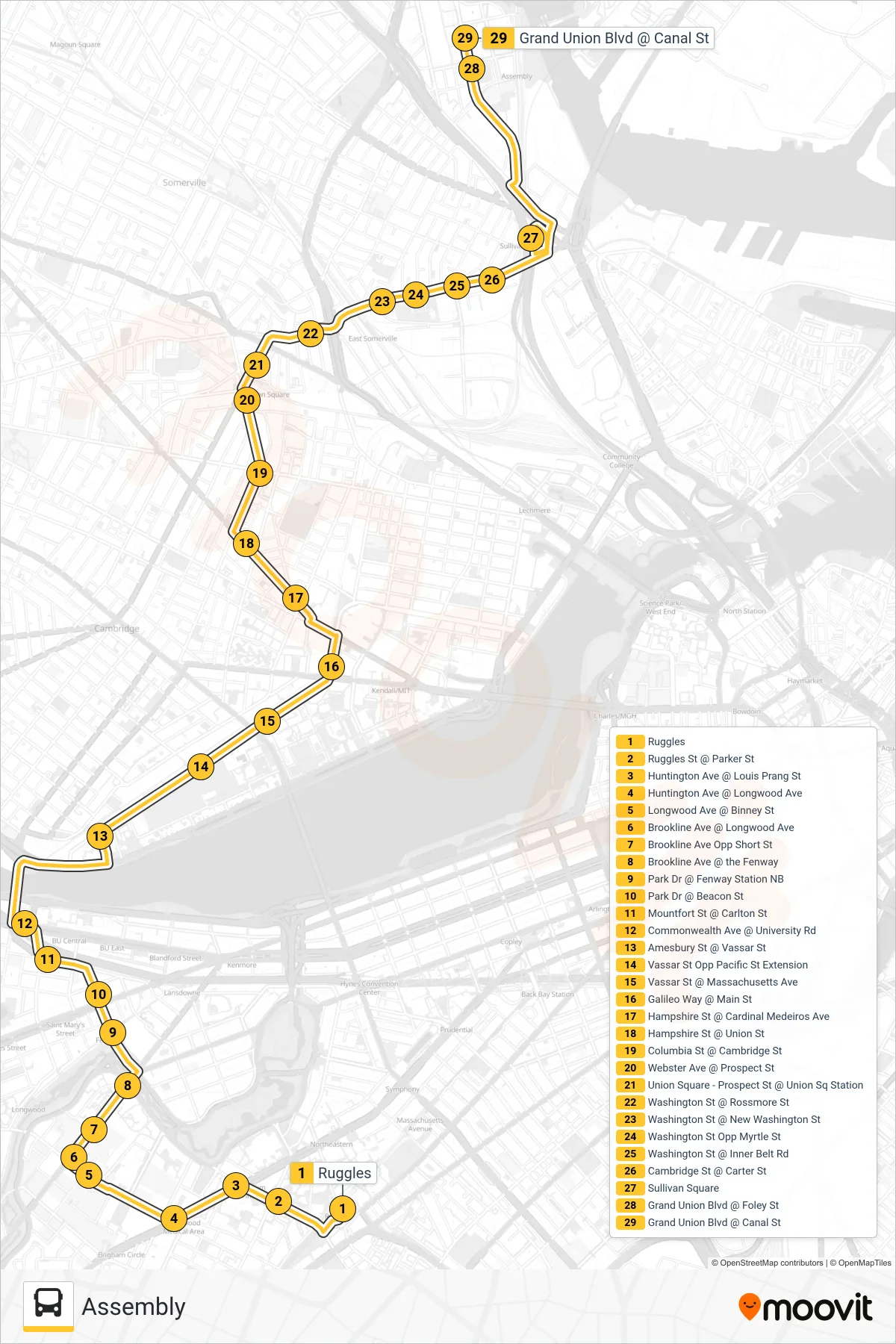 85 bus Line (Assembly) route and stops on a map