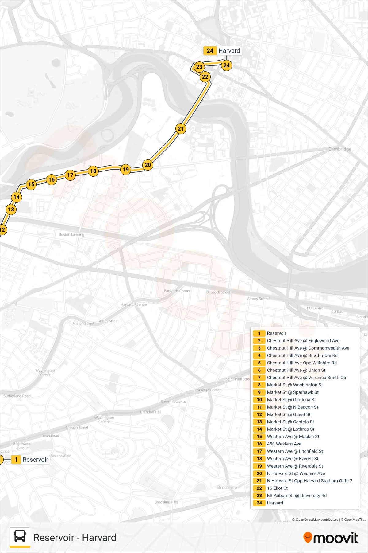 86 bus Line (Harvard) route and stops on a map