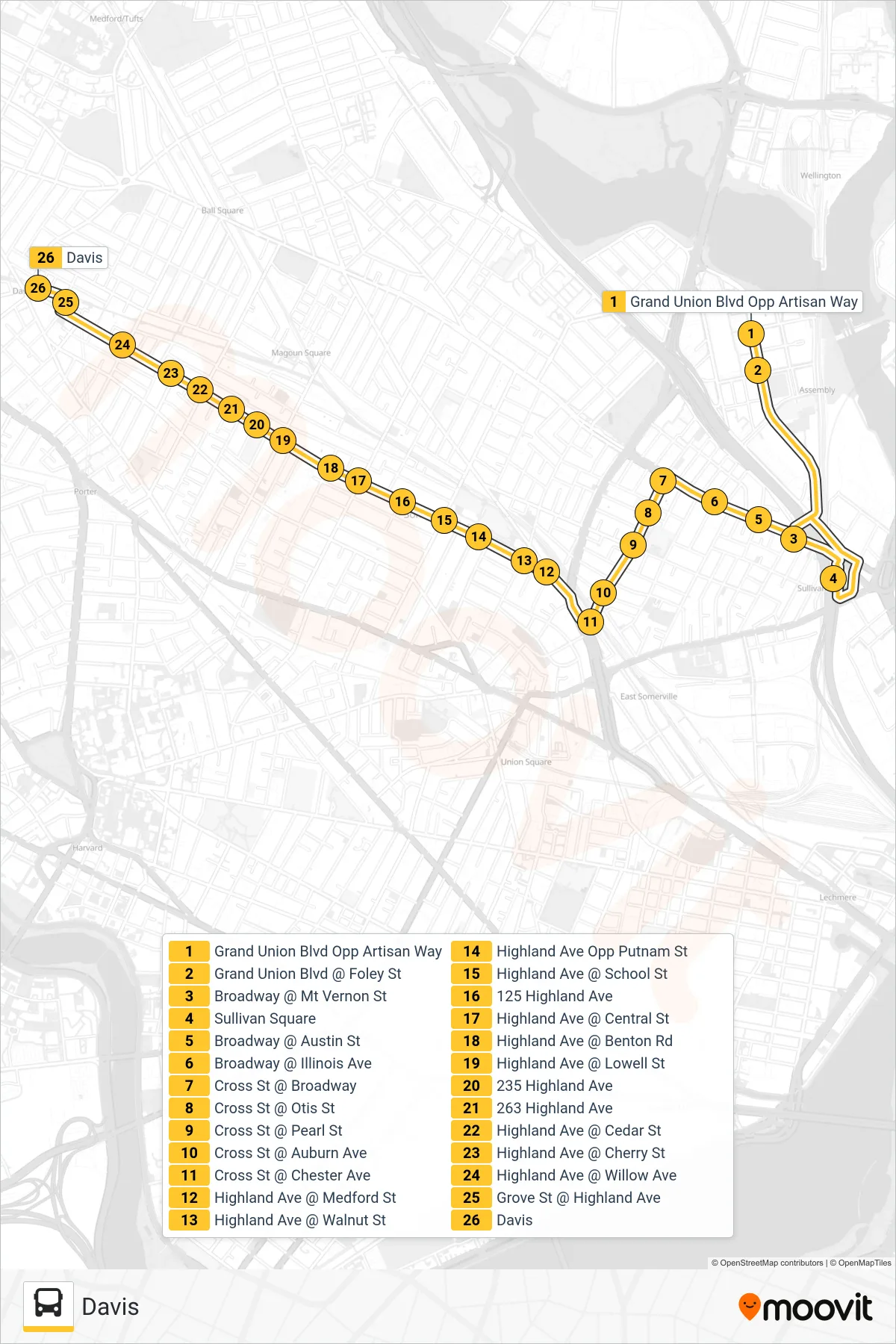 90 bus Line (Davis) route and stops on a map