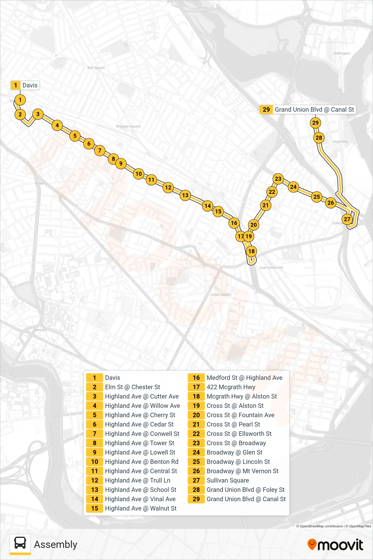 90 bus Line (Assembly) route and stops on a map