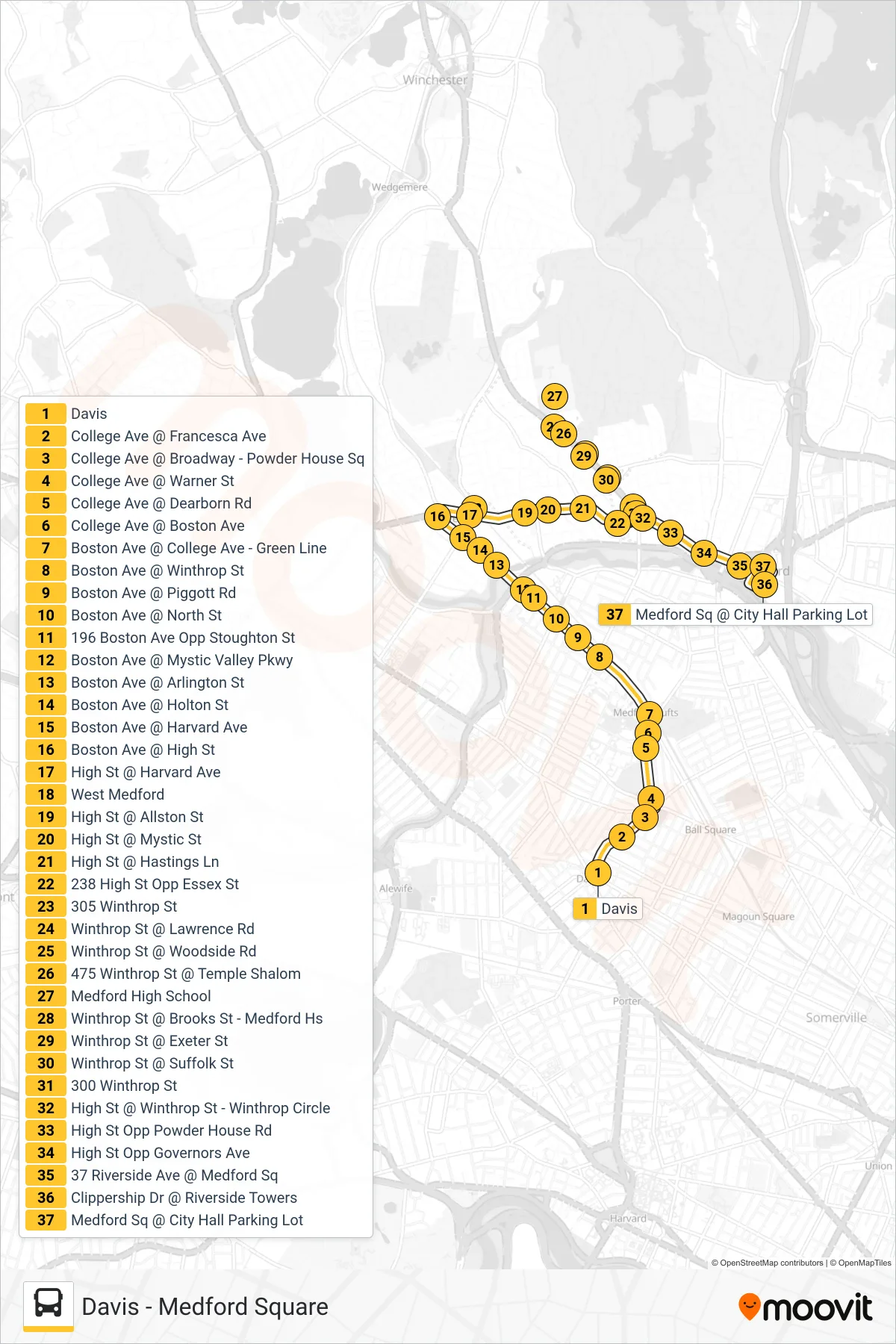 94 bus Line (Medford Square) route and stops on a map