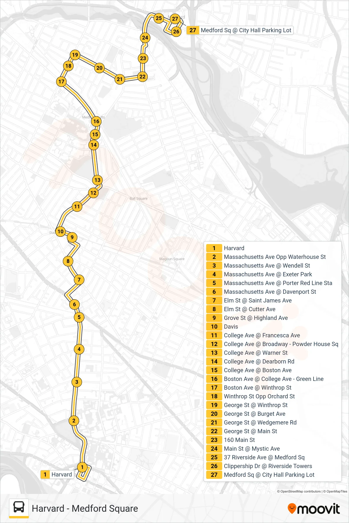 96 bus Line (Medford Square) route and stops on a map