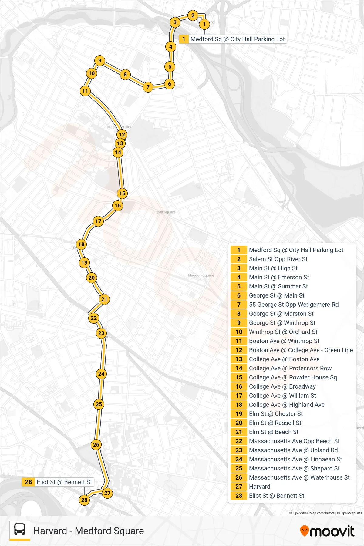 96 bus Line (Harvard) route and stops on a map